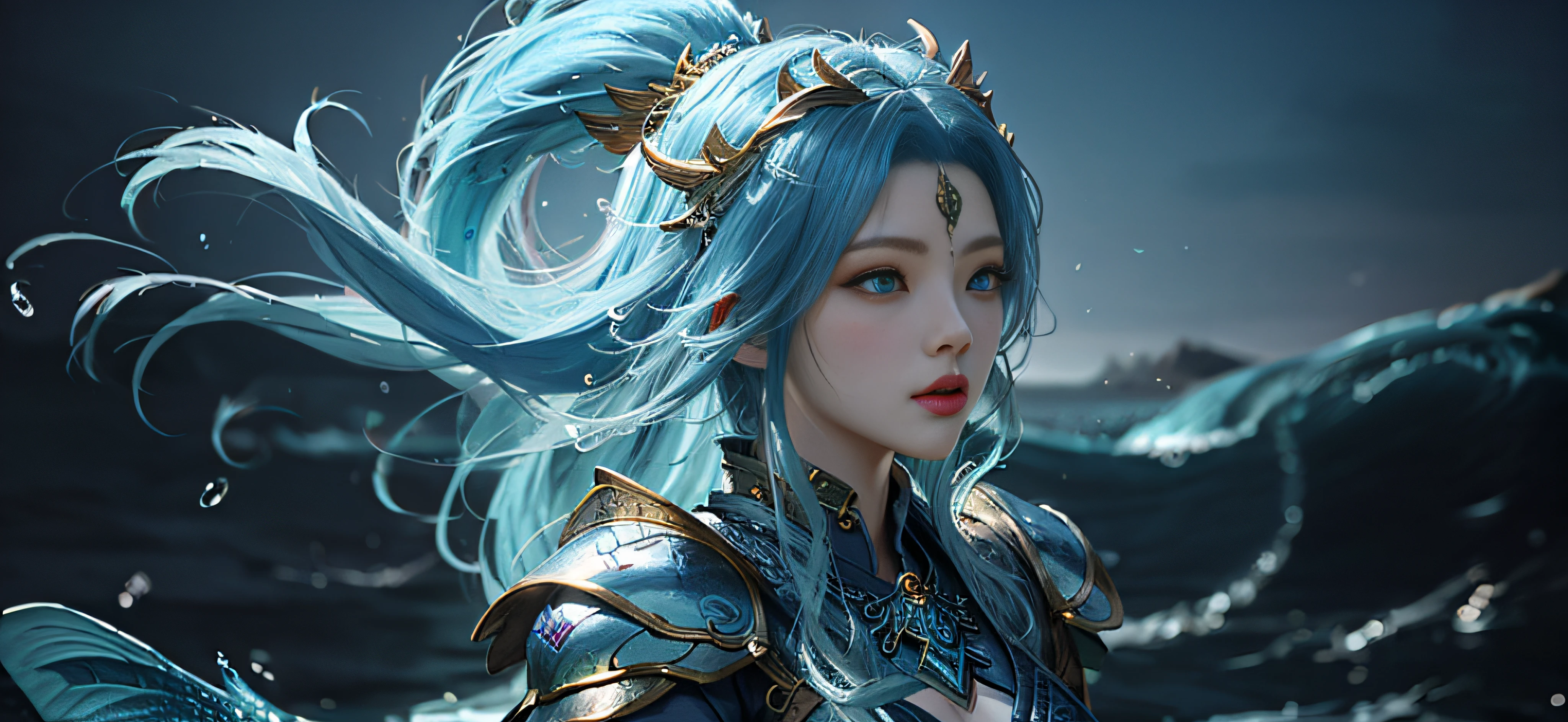 A girl with blue hair and armor on a dark blue background, Bright light blue pupils,queen of the sea mu yanling, by Yang J, G Liulian art style, portrait of mermaid warrior, Fantasy art style, closeup fantasy with water magic, drak, By Li Song, Fanart Meilleure ArtStation, Epic fantasy art style HD, mystical atlantean valkyrie