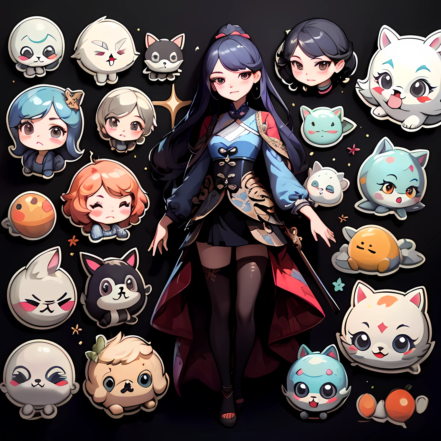 4套美丽的女孩,Character clothing set,Gorgeous costume design for different styles,Detailed realistic professional art masterpiece sticker set,with a black background