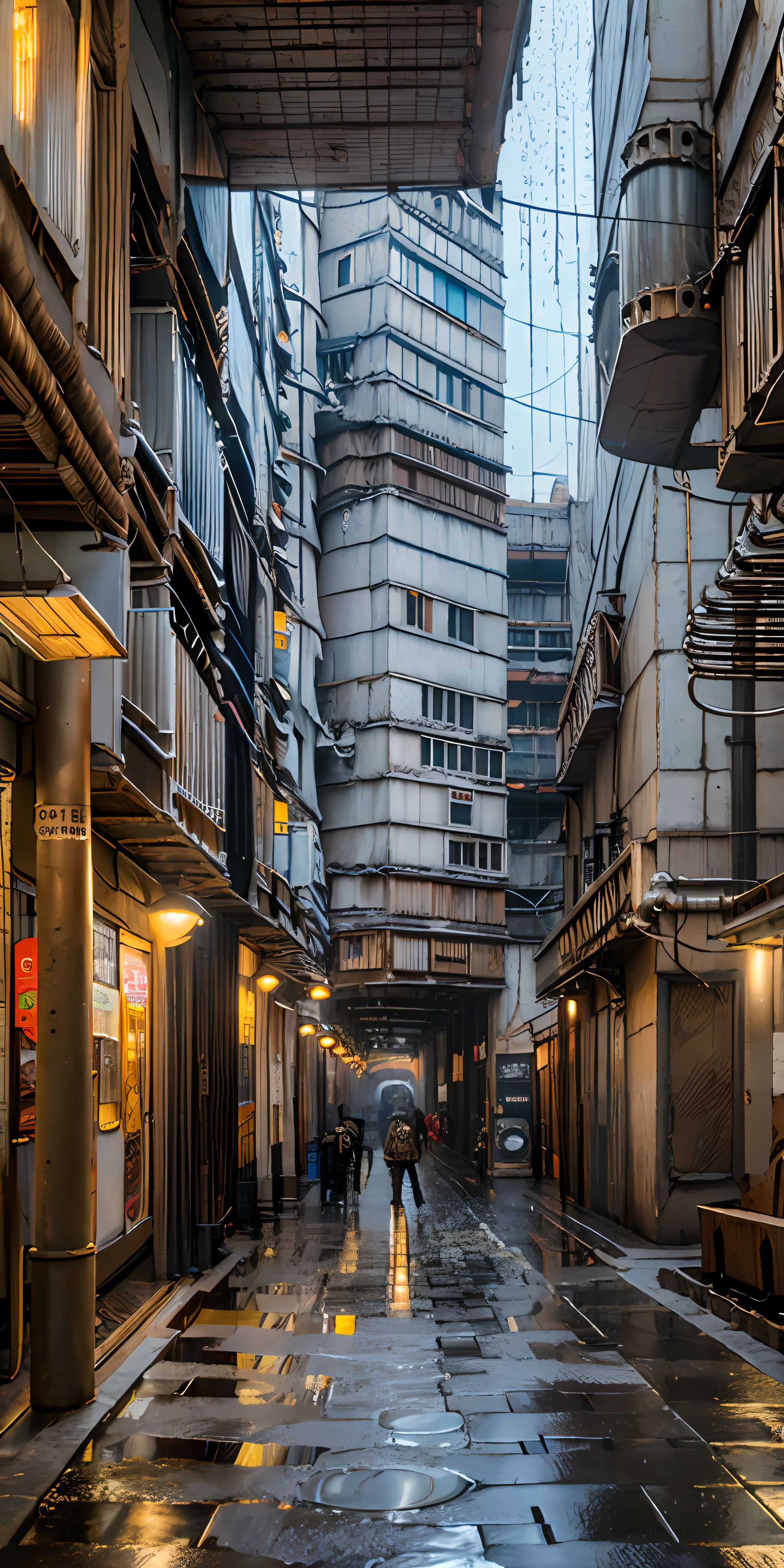 ((Masterpiece)), ((best quality)), ((high detail)), ((realistic)), ((Steampunk:1.2), (European architecture:1.1), (Rainy days:1.1)), an industrial-age city with deep canyons slicing through the center. Architectural streets are lined with bazaars and bridges, while the rain falls like a melodic collage of notes.