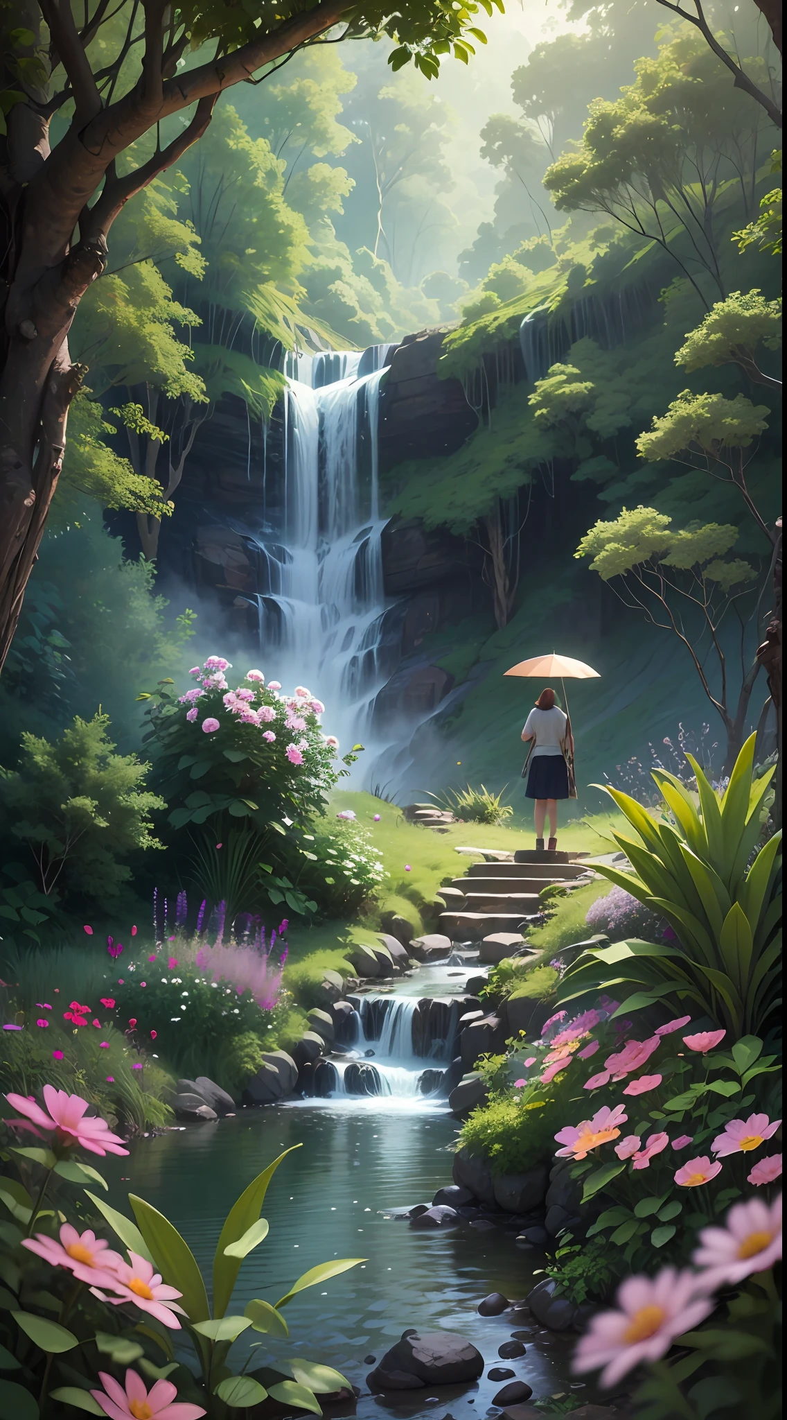 jungle, waterfall, surrounded with wild flowers. a tiny hut with a person standing on its porch, viewed from afar. masterpiece, best quality, high detailed