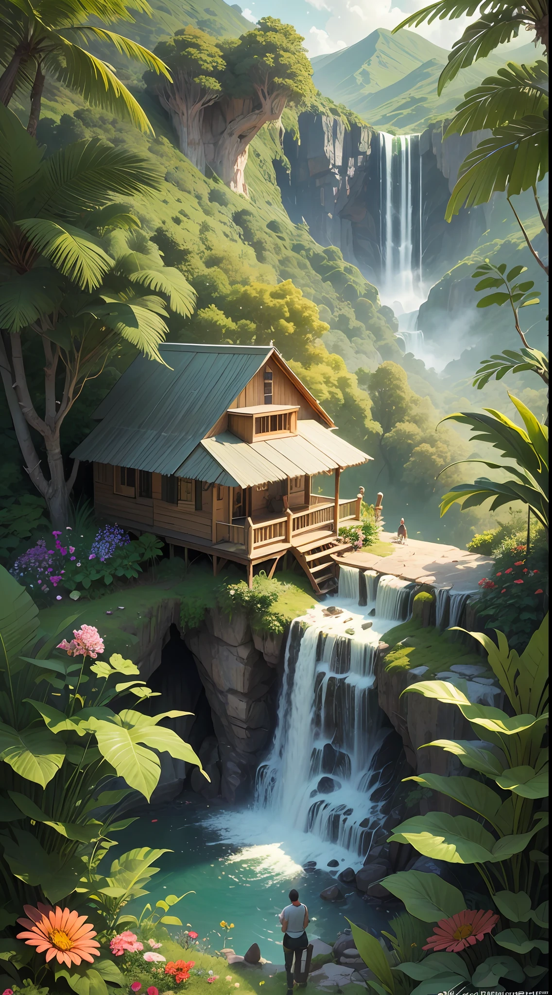 (masterpiece), best quality, extremely detailed, high resolution, jungle, waterfall, (person standing on the hut porch (emphasized):1.2), surrounded with wild flowers, viewed from afar, serene ambiance.