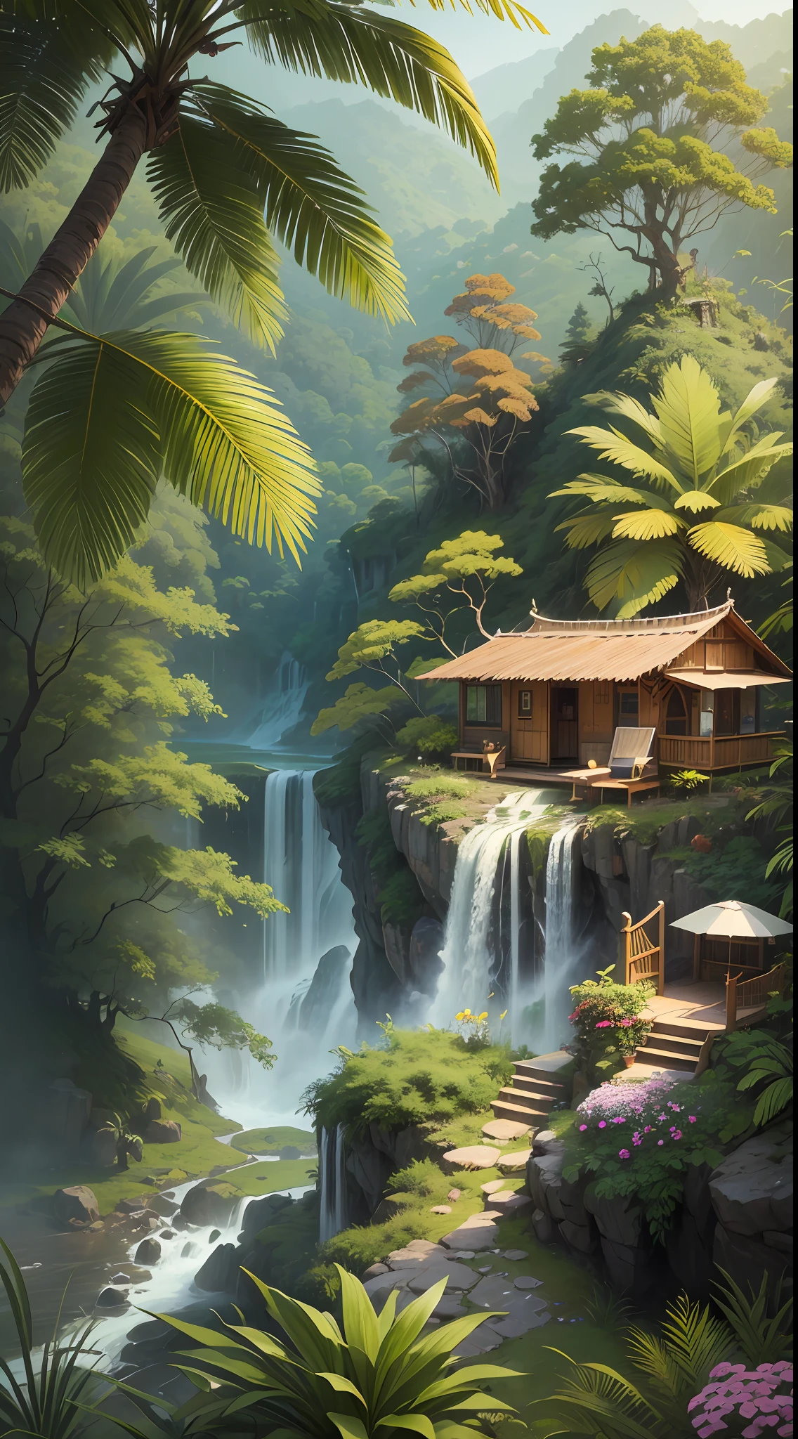 (masterpiece), best quality, extremely detailed, high resolution, jungle, waterfall, (person standing on the hut porch (emphasized):1.2), surrounded with wild flowers, viewed from afar, serene ambiance.