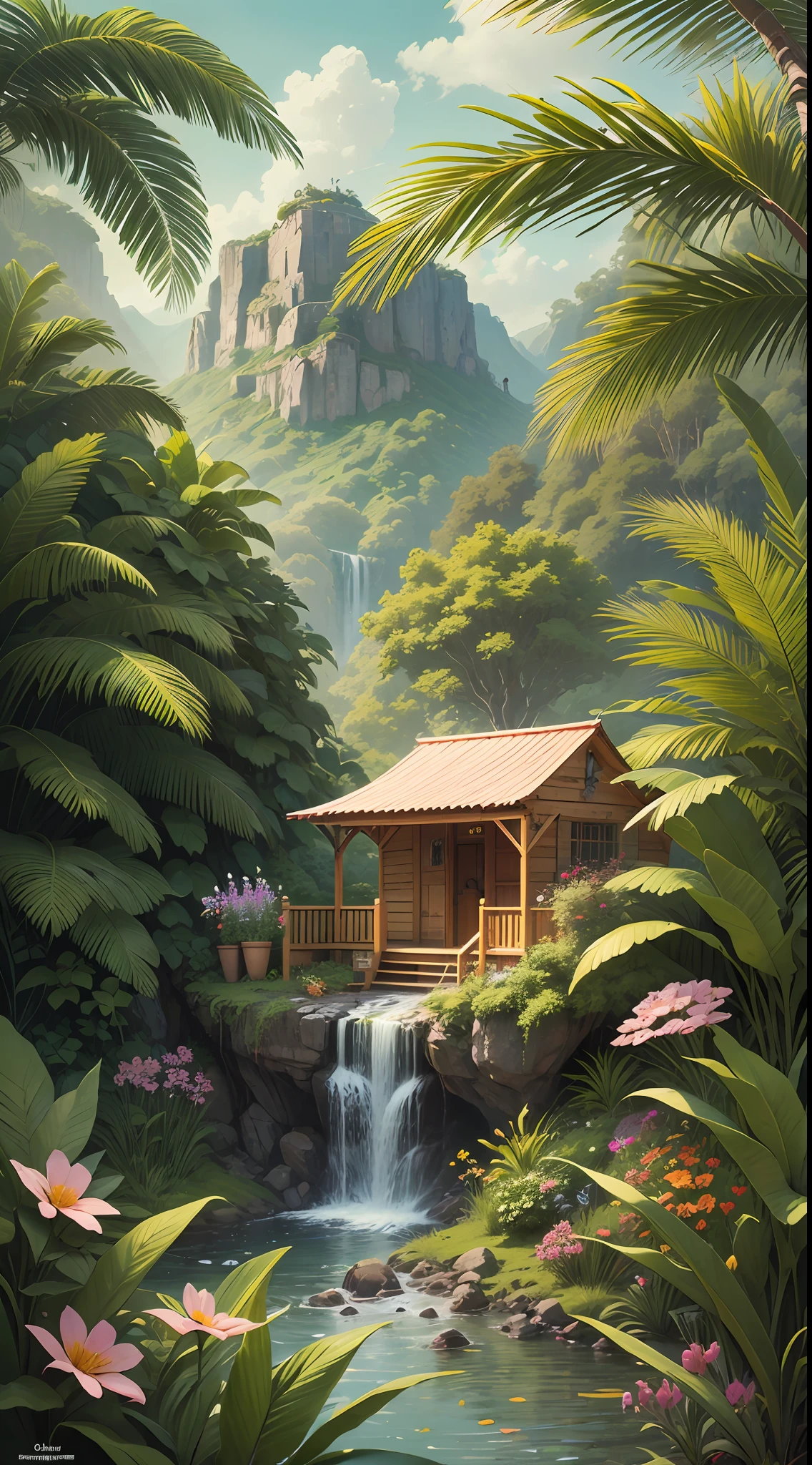 (masterpiece), best quality, extremely detailed, high resolution, jungle, waterfall, (person standing on the hut porch (emphasized):1.2), surrounded with wild flowers, viewed from afar, serene ambiance.