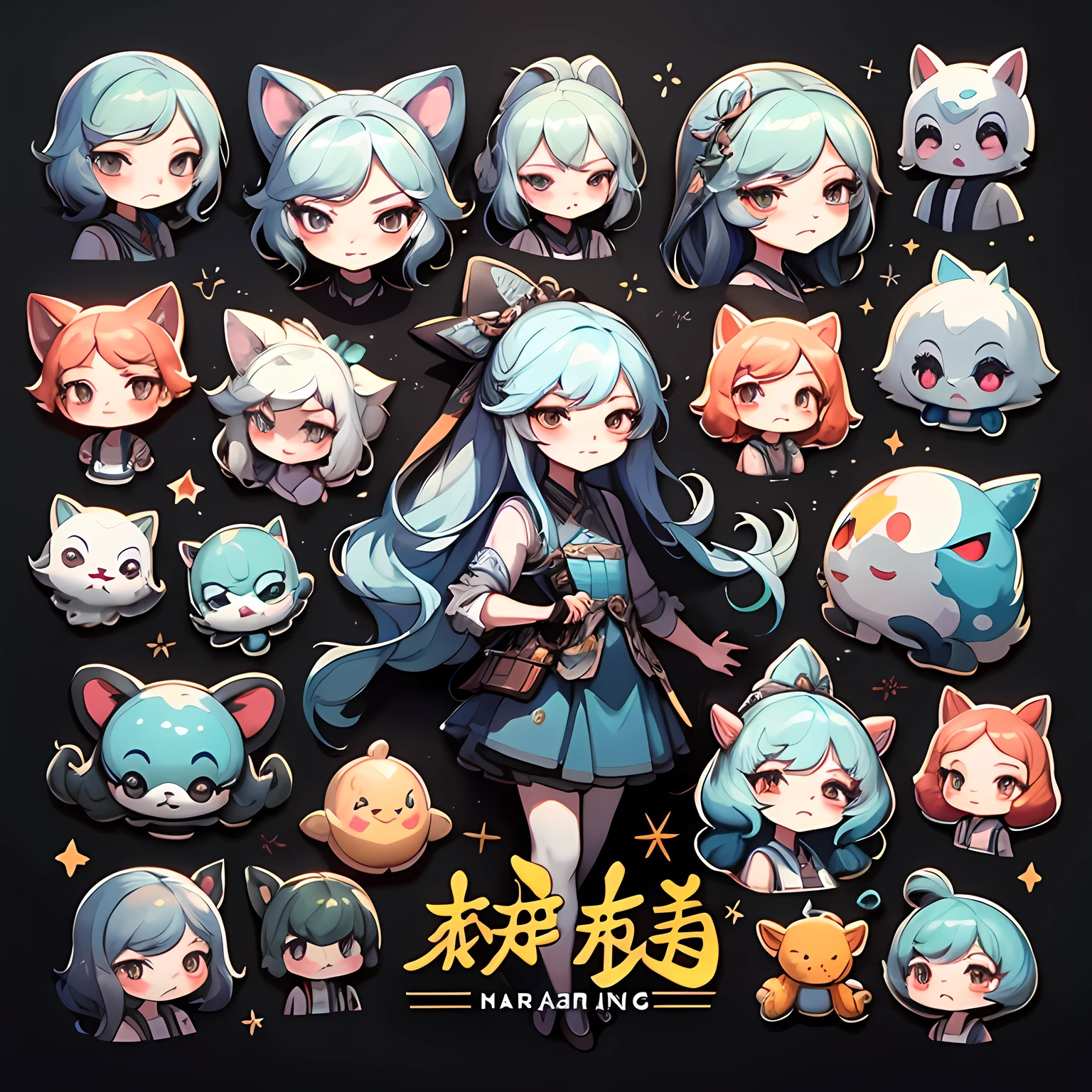 4套美丽的女孩,Character clothing set,Gorgeous costume design for different styles,Detailed realistic professional art masterpiece sticker set,with a black background