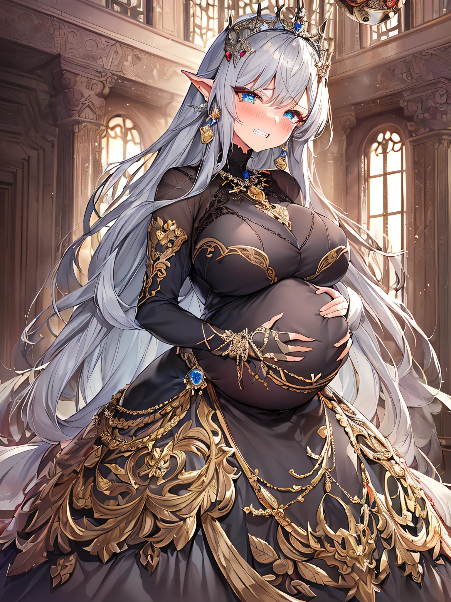 ((anime artstyle)),(Masterpiece),(Best Quality), (Super Detail),((Very Delicate and Beautiful)),Focus on character,Dynamic Angle,Looking at viewer,((Solo)),standing,(((full body))),(((one evil pregnant princess in gorgeous ball gown with voluminous skirt))),detailed face and eyes,((heavily pregnant)),((clenched teeth,blush)),embarrassed,jewel-like eyes,((Very Long voluminous Hair)),gorgeous embroidery and lace,See-through,ornate ruffles,Gorgeous jewelry ornaments,luxury hair ornament,luxury and evil tiara with jewels,(gigantic breasts,Long breasts),full body,(((evil and dark atmosphere))),full body,heavily pregnant,(inside of prison),jeweled evil ball gown,(((gorgeous ball gown with voluminous skirt)))