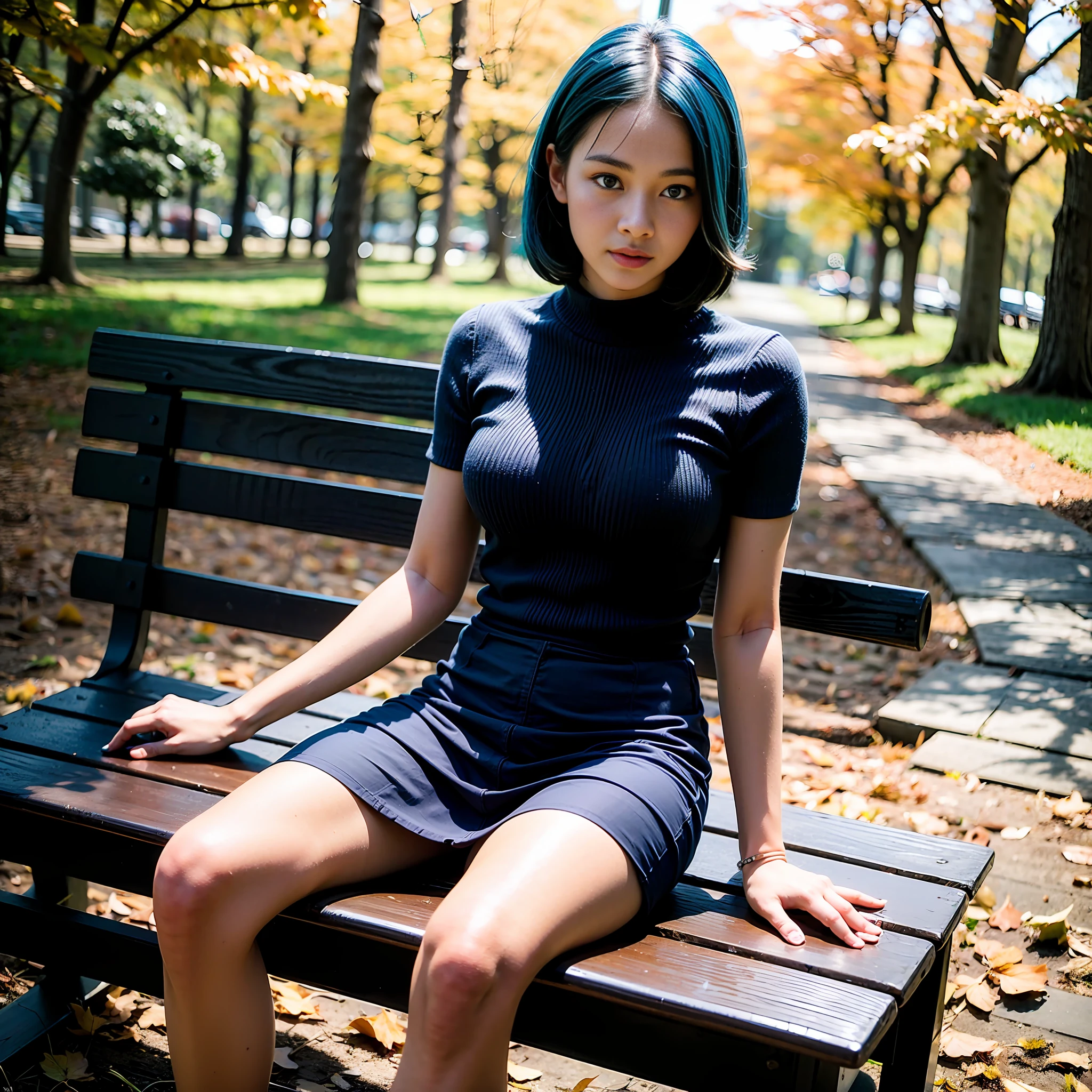 (8k, best quality, masterpiece:1.2), (realistic, photo-realistic:1.37), ultra-detailed,best quality, ultra high res, professional lighting, photon mapping, radiosity, physically-based rendering, cinematic lighting,woman sitting on a bench, in the autumn, during autumn, in autumn, women solo, sitting on a park bench, sitting in a colorful forest,melancholy autumn light, sitting on a bench, 🍂 cute, long bang hairstyle, blue hair, 27 years old, raw photo, scraf, mature
