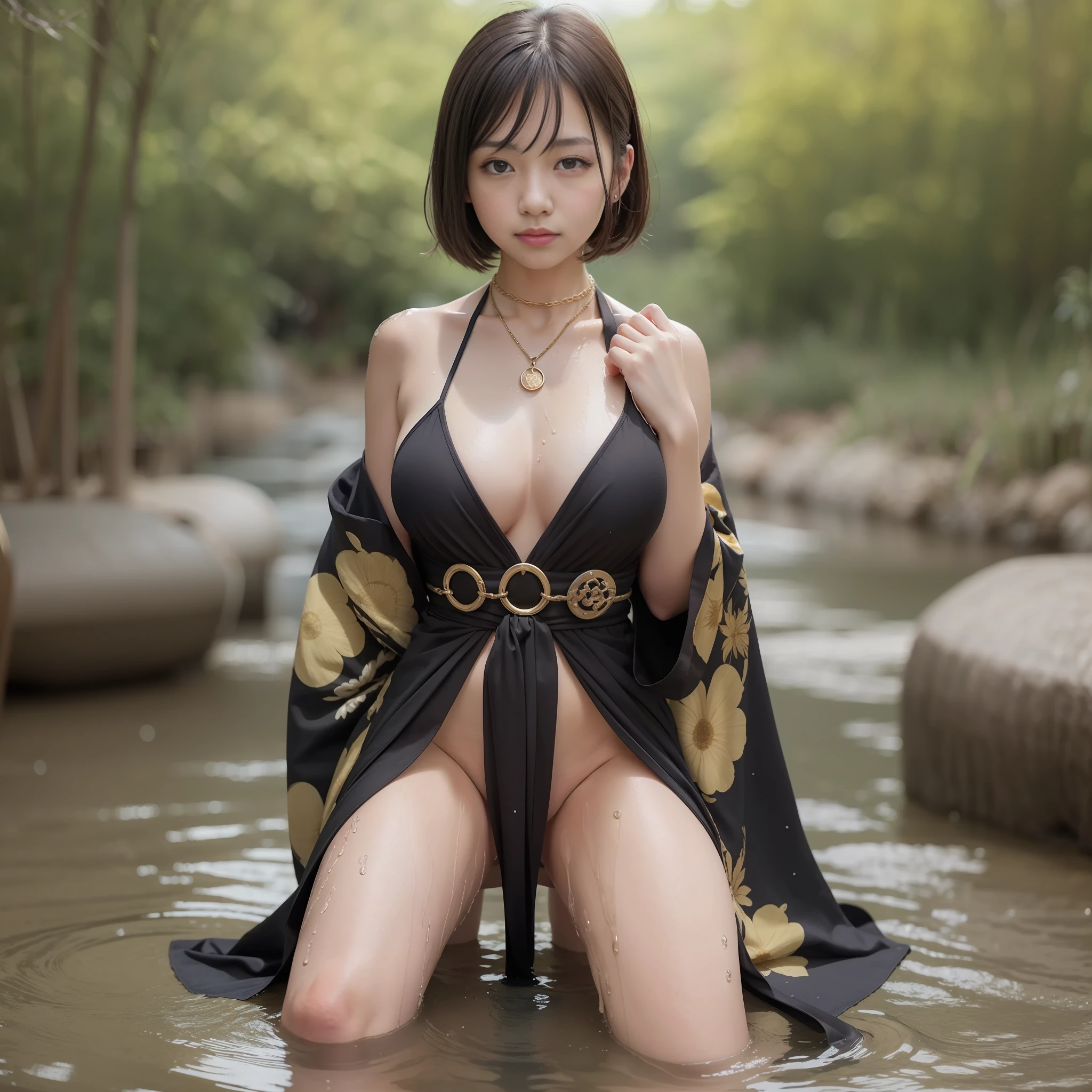 Bot Txt2Img 20:31:29 Excellent Quality, 巨作, 1girls, beautifull face, (photographrealistic:1.3), Rim lighting, (High Detail Skins:1.2), 8K UHD, DSLR, HIG quality, highly resolution, 4K, 8K, vokeh, absurdist, , (Realstic:1.3), smile on face、Slender and beautiful Japan girl、 Sexy and elegant black and gold kimono with wide open breasts、 Kimono collar to the underside of the elbow、The whole body is wet、Wet black hair、Kneeling facing the front、Chain around the neck、