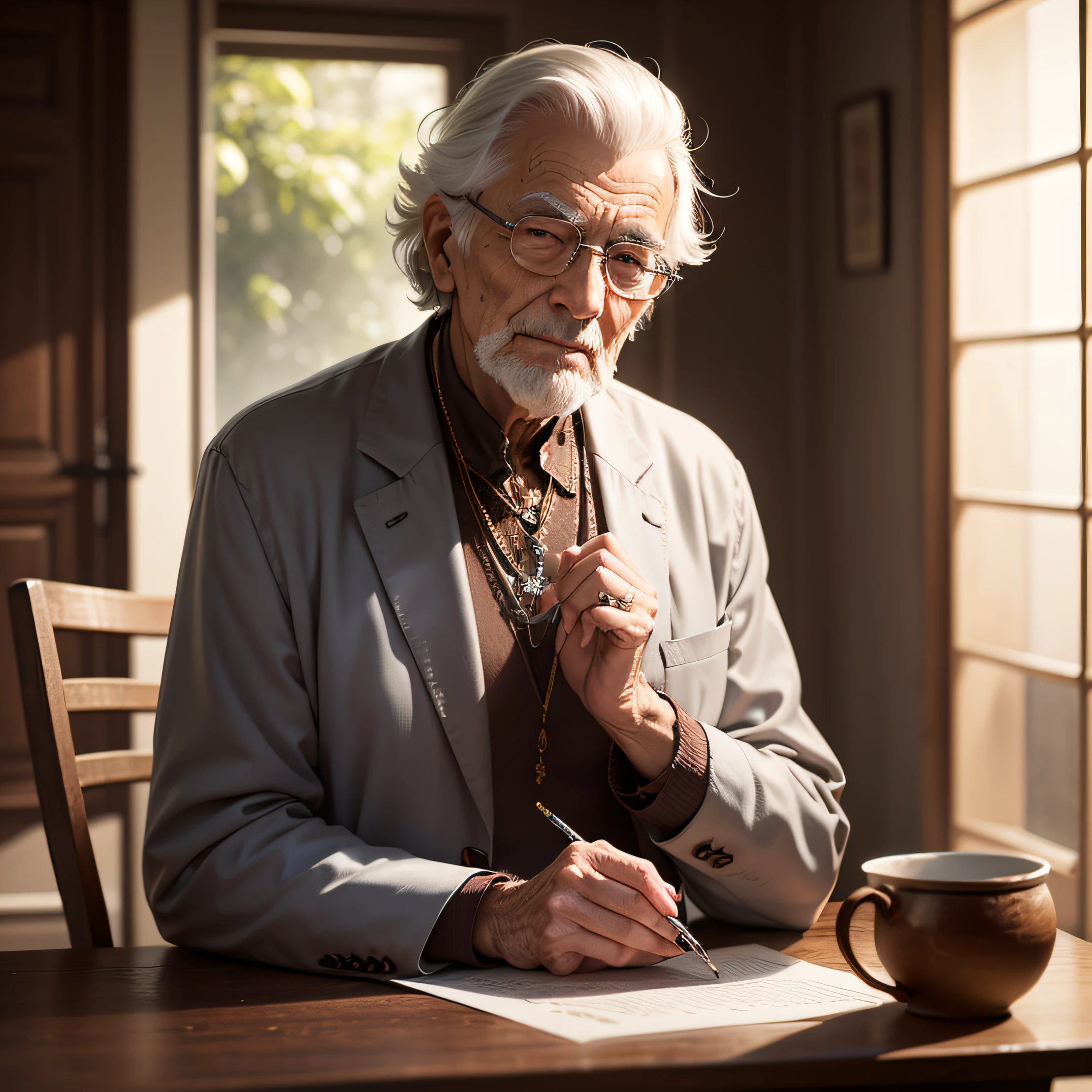 Imagine an elderly man with striking features and a timeless beauty. His face is sculpted with soft lines and expresses a singular harmony. His eyes are deep and shine with a mixture of wisdom and vivacity, emanando uma energia cativante. His posture is haughty, reflecting trust and a magnetic presence. With elegance and charm, ele desafia as ideias convencionais e estimula outros a explorarem novos horizontes. Its distinctive appearance, com cabelos prateados perfeitamente arrumados e uma barba bem-cuidada, adds a touch of sophistication. In this remarkable old man, The combination of inner and outer beauty is a source of inspiration for all who seek to expand their consciousness. Na envolvente e deslumbrante floresta tropical, ele se destaca como um guia cativante e uma figura de questionamento profundo. --auto