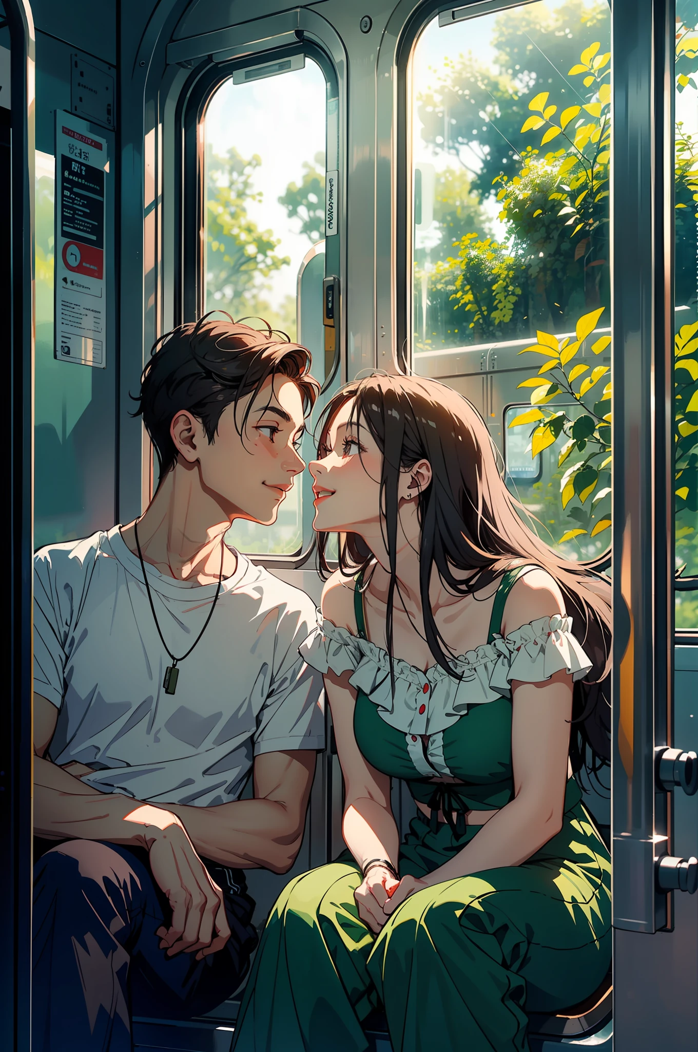Cute couple sat at train door , clear hd face, happy, beautiful weather , greenery, train running from forest route.