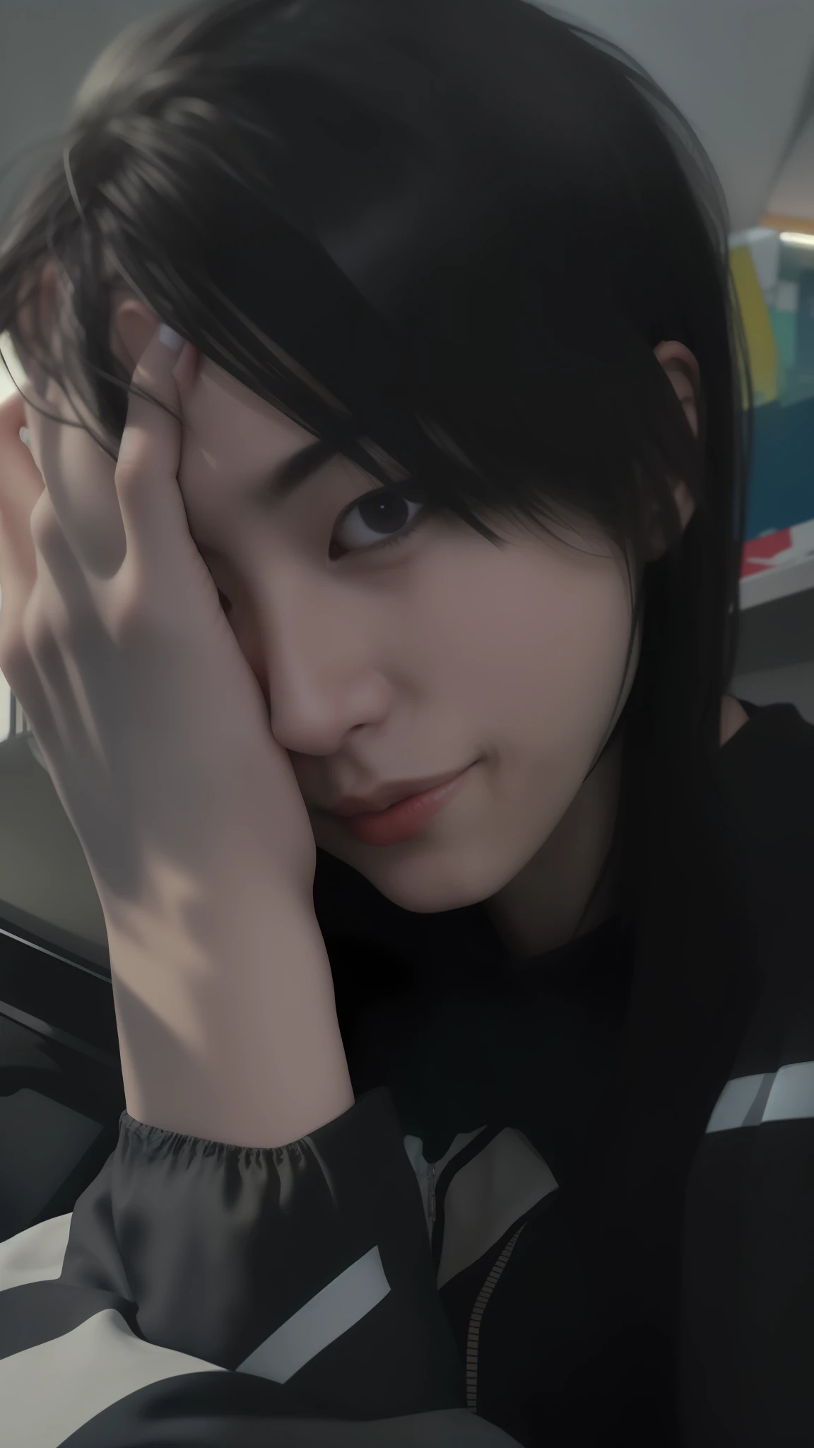 there is a woman that is sitting down with her hand on her head, profile picture 1024px, halfbody headshot, with short hair, with black hair, hand on his cheek, xintong chen, hand on cheek, 2 4 years old, sui ishida with black hair, androgynous face, kentaro, very very low quality picture