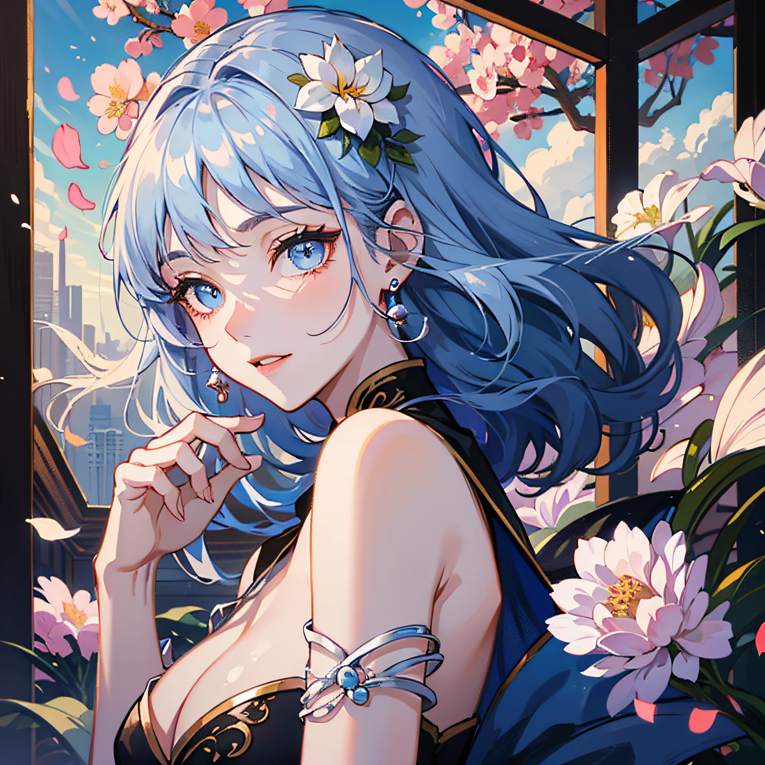 Mature girls、Blue Eye、pale hair color、Floating hair、Delicate and flexible eyes、Complex damask hanf、Luxury Accessories、wearing pearl earrings、FOV、F / 1.8、巨作、blue skies、flower petals flying、Frontal portrait shot、Chang'e、sidelit、The human々Sunlight to、8K