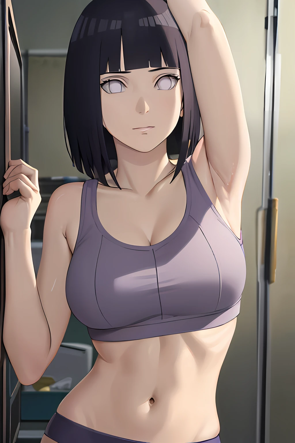 masterpiece, absurdres , (intricate details), (colorful),cinematic lighting,bust shot,extremely detailed CG unity 8k wallpaper ,hinata\(boruto\), 1girl, solo,mature female, arm up, looking at viewer, sports bra, locker room,cowboy shot,