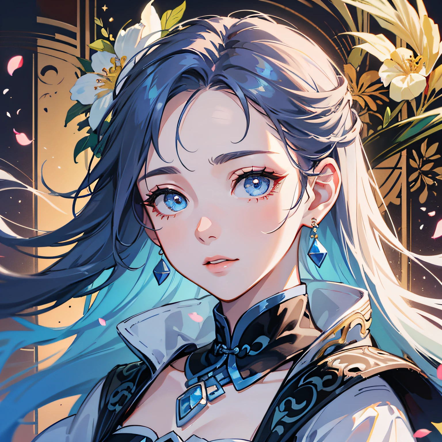 Mature girls、Blue Eye、pale hair color、Floating hair、Delicate and flexible eyes、Complex damask hanf、Luxury Accessories、wearing pearl earrings、FOV、F / 1.8、巨作、blue skies、flower petals flying、Frontal portrait shot、Chang'e、sidelit、The human々Sunlight to、8K