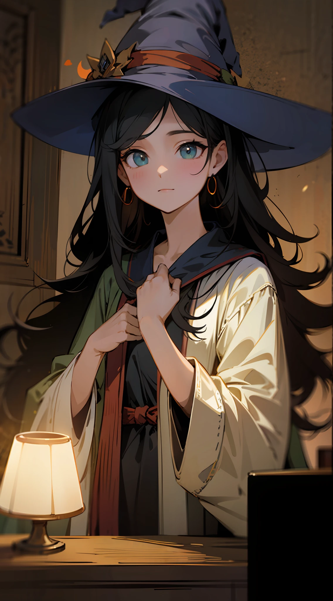 Take off your robe and get into your underwear、brightly lit room、Witch's Room、Upper body is shown、Black long hair、