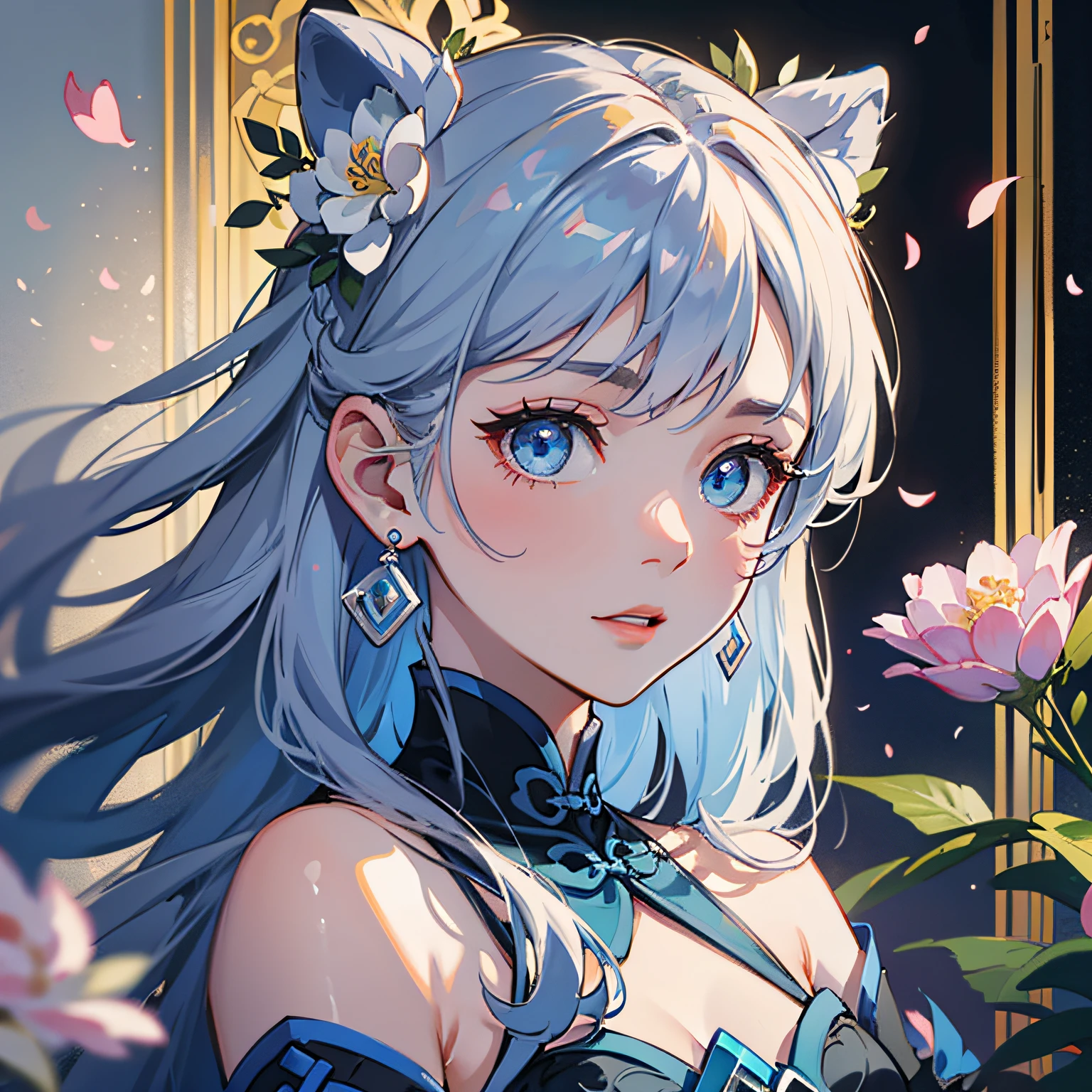 Mature girls、Blue Eye、pale hair color、Floating hair、Delicate and flexible eyes、Complex damask hanf、Luxury Accessories、wearing pearl earrings、FOV、F / 1.8、巨作、blue skies、flower petals flying、Frontal portrait shot、Chang'e、sidelit、The human々Sunlight to、8K