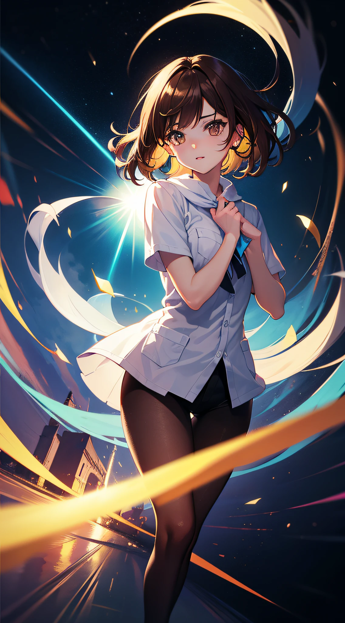 1chico, 1girl, Super beautiful girl with beautiful brown hair and brown eyes, Boy with brown hair and brown eyes, corriendo el uno al otro en una hermosa estrella, obra maestra, (ulzzang), (CG extremadamente detallado, unidad, Fondo de pantalla de 8k: 1.1), Fantasma iridiscente, sombrado perfecto obra maestra, Artstation, dynamic, encantador, magica, motor irreal, fantastically beautiful, llustration, dramatic lighting, Fondo rave, neon glow, maximalista