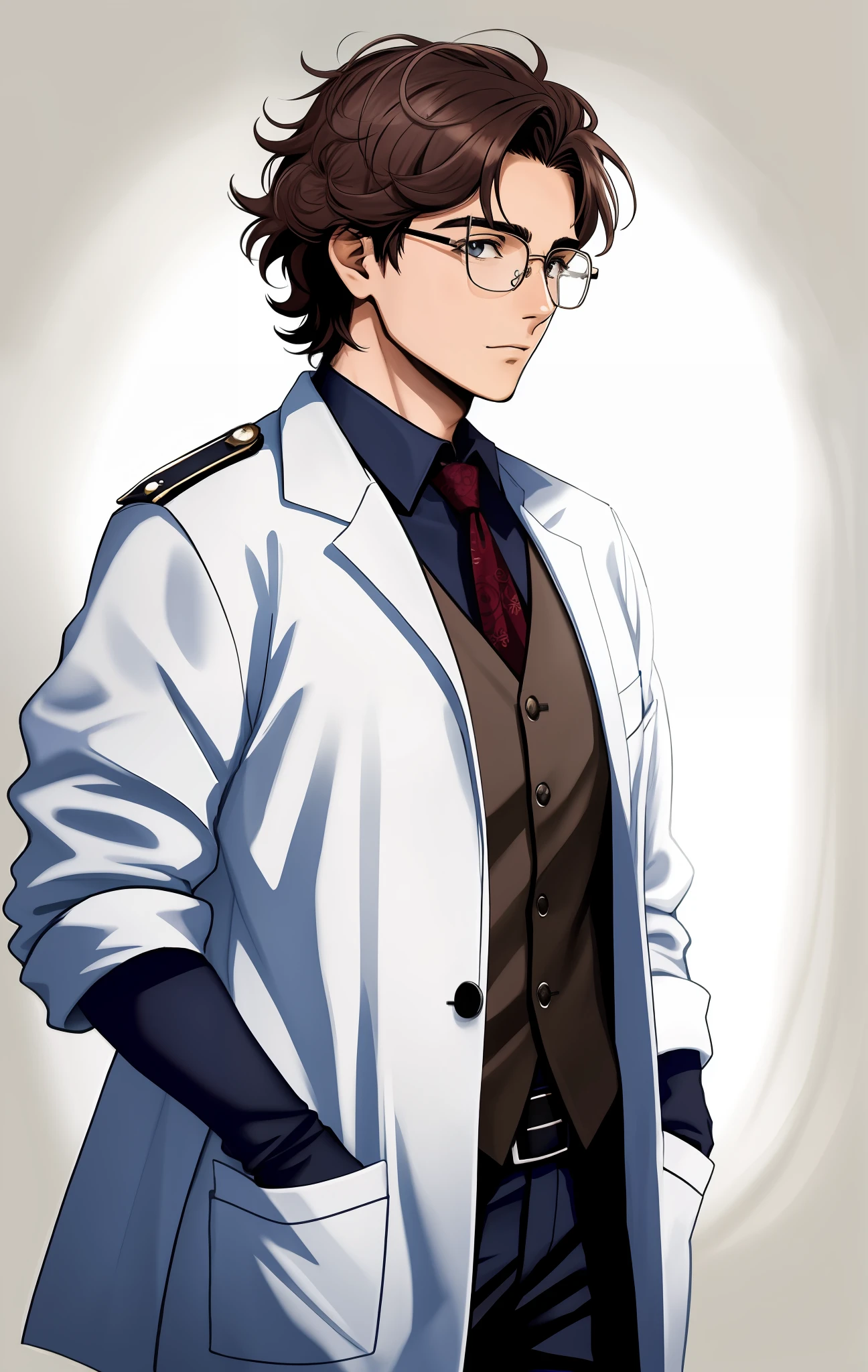 Jovem vestindo jaleco, gloves and glasses, messy hair, Anos 40