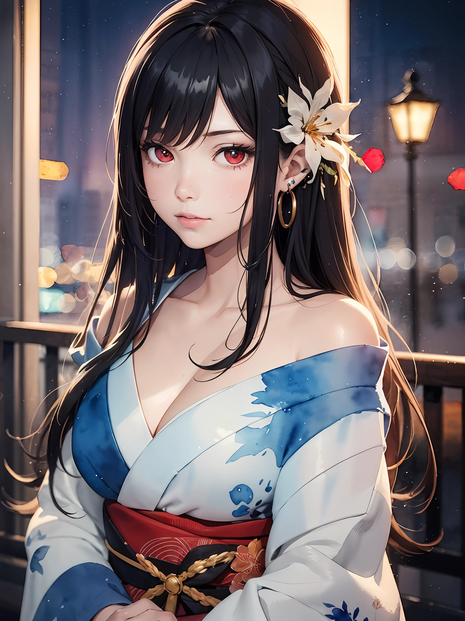 extremely detailed body,girl,woman,female,mature,30 years old,long hair,bangs,streaked hair,black hair,shiny hair,beautiful detailed cold face,cold smile,bright pupils,bare_shoulders,medium_breasts,(red eyes),hair_flower, kimono,Lots of piercings, night, beautiful detailed sky, cold light, bokeh,(((Watercolor Techniques))),Unreal Engine,digital art,extremely detailed CG unity 8k wallpaper,