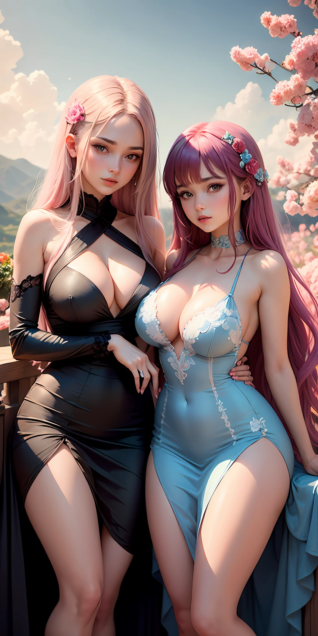 2 girls, big boobs, sky blue dress with split breasts, long silky pink hair, floral landscape --auto