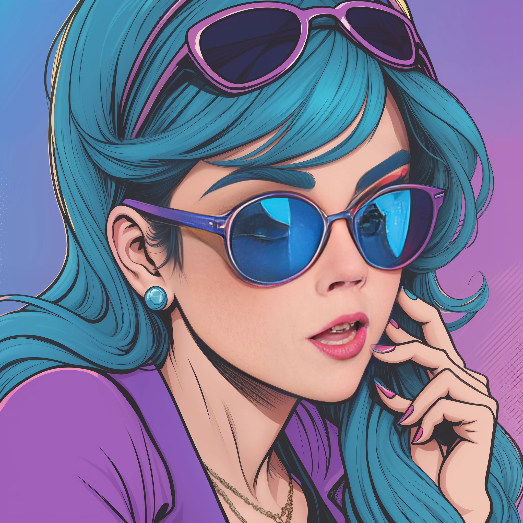 a close up of a woman with blue hair wearing sunglasses, violet polsangi pop art, retro comic art style, pop art cartoon style, vivid colorful comic style, woman with rose tinted glasses, wearing blue sunglasses, in style of pop - art, beautiful woman with blue hair, Cartoon style illustration, girl with blue hair, in style of digital illustration