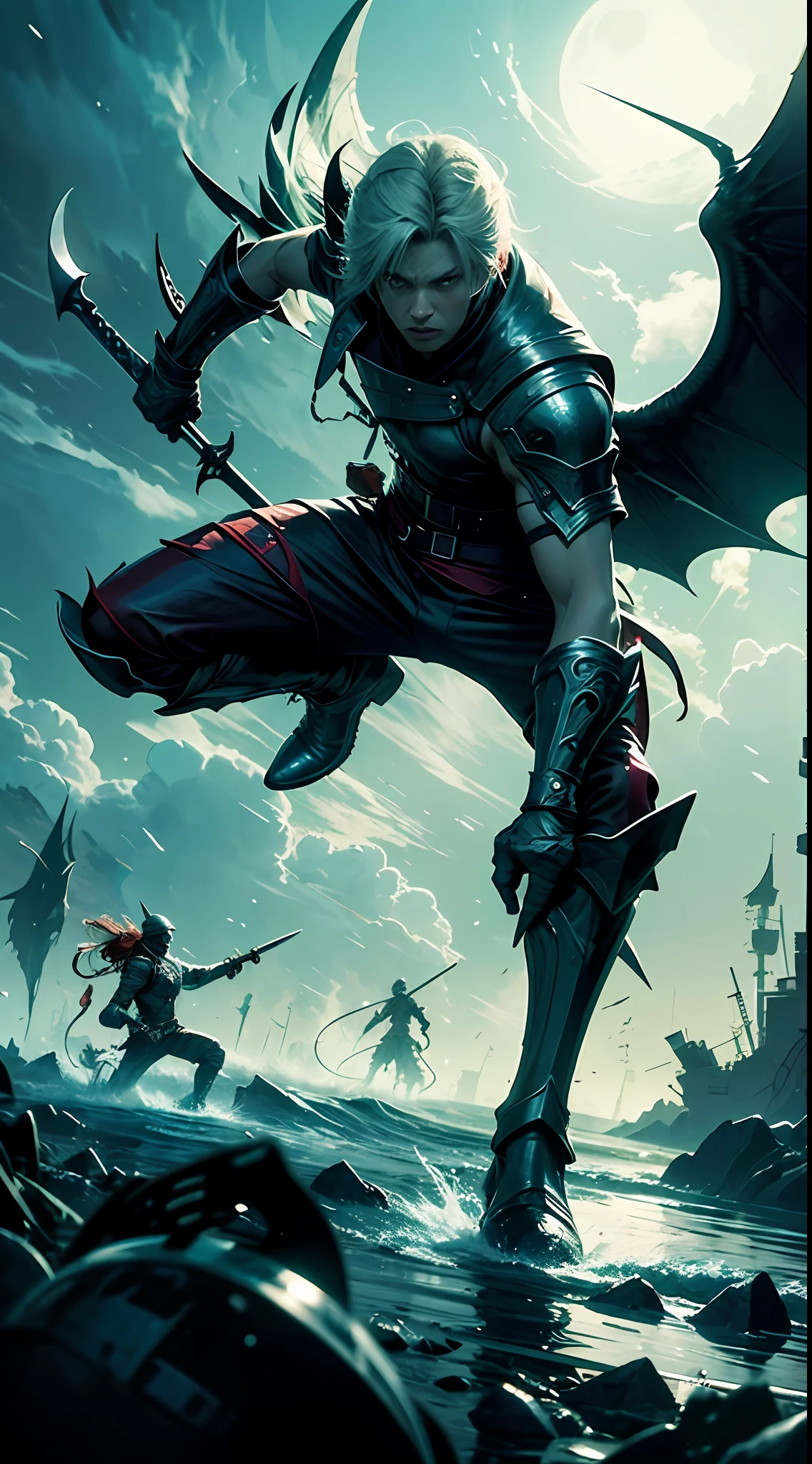 Dante de cabelos brancos, segurando uma espada enlouquecida por raios, in action pose, fighting against demons on a dark lobby --auto