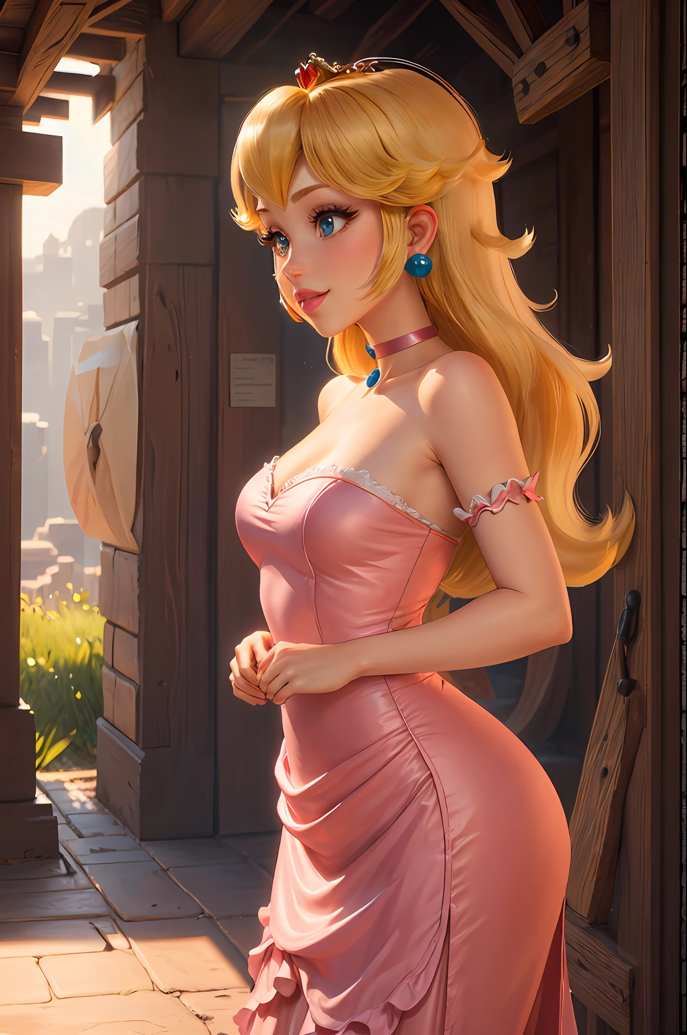 highres, masterpiece, perfect ligthing, bloom, cinematic lighting, adult, perfect skin, female, from side, cowboy shot, smile, narrow waist, skinny,  (PrincessPeach), (Princess Peach), (Pink Dress), detailled eyes, blue eyes, choker, sensual, mushrooms,mushroom kingdom, pink lips, ((glossy lips)), pursed lips, pink pumps, glossy skin, oily skin, beautiful light, (day:1.3), bright,