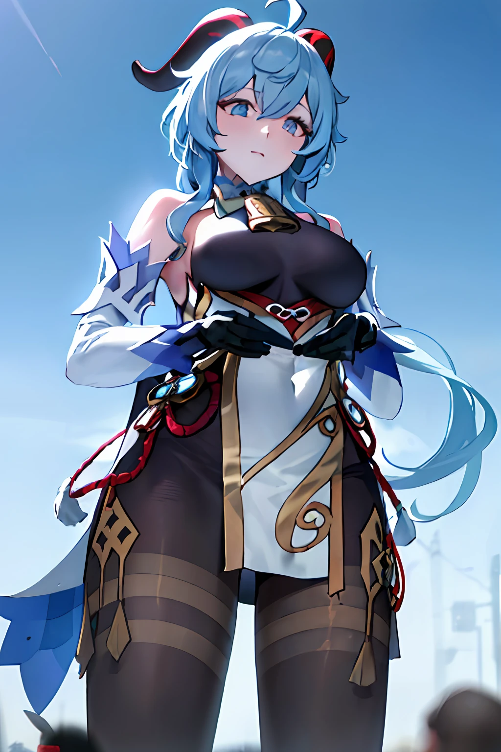 (photorealistic:1.4), (masterpiece, sidelighting, finely detailed beautiful eyes: 1.2), masterpiece*portrait, realistic, 3d face, ganyu \(genshin impact\), 1girl, ahoge, architecture, hair bangs,Bare shoulders,Bell,Black gloves,Black tights,(blue hair),Blushlush,Beautiful breasts,Chinese knot,the sleeve,Flower knots,mitts,ox’s horn,long haired,Look at the audience,midchest,neck bell,(((A towering giantess)))