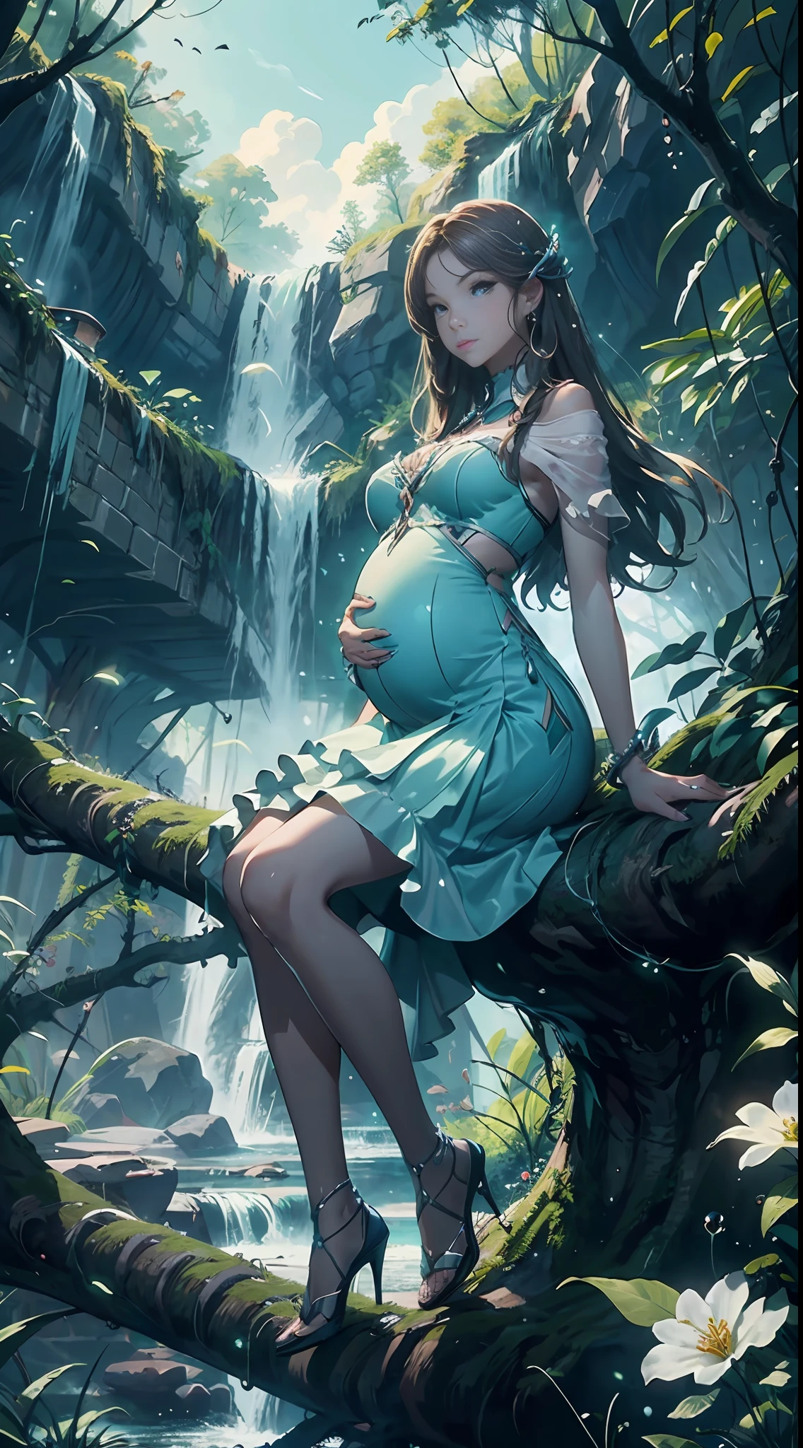 In the evening, a female character in fantasy style sits on an old tree, her facial features are extremely beautiful, long hair, elegant hair, blue and white pottery long skirt, layered skirt, dynamic pose, front view, perfect composition, stream, waterfall, starlight, fireflies, white flowers, splashing water, looking from the bottom up, Ning Rongrong, pregnant, pregnant, pregnant,