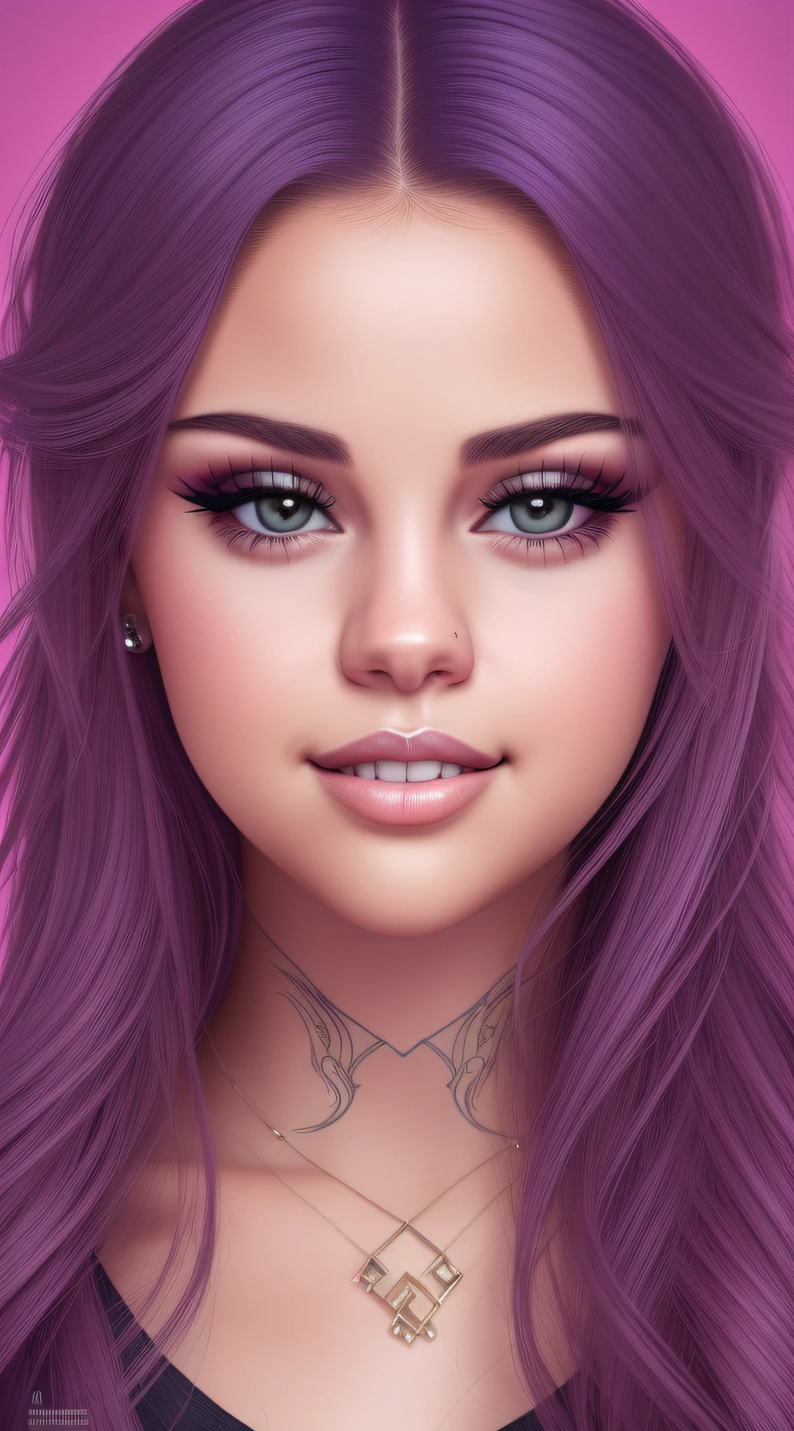 1woman, very Selena Gomez, beautiful skin, strong make up, eye make up, confident, passion, smile, portrait, front look, 4k, high-res, best quality, illustration