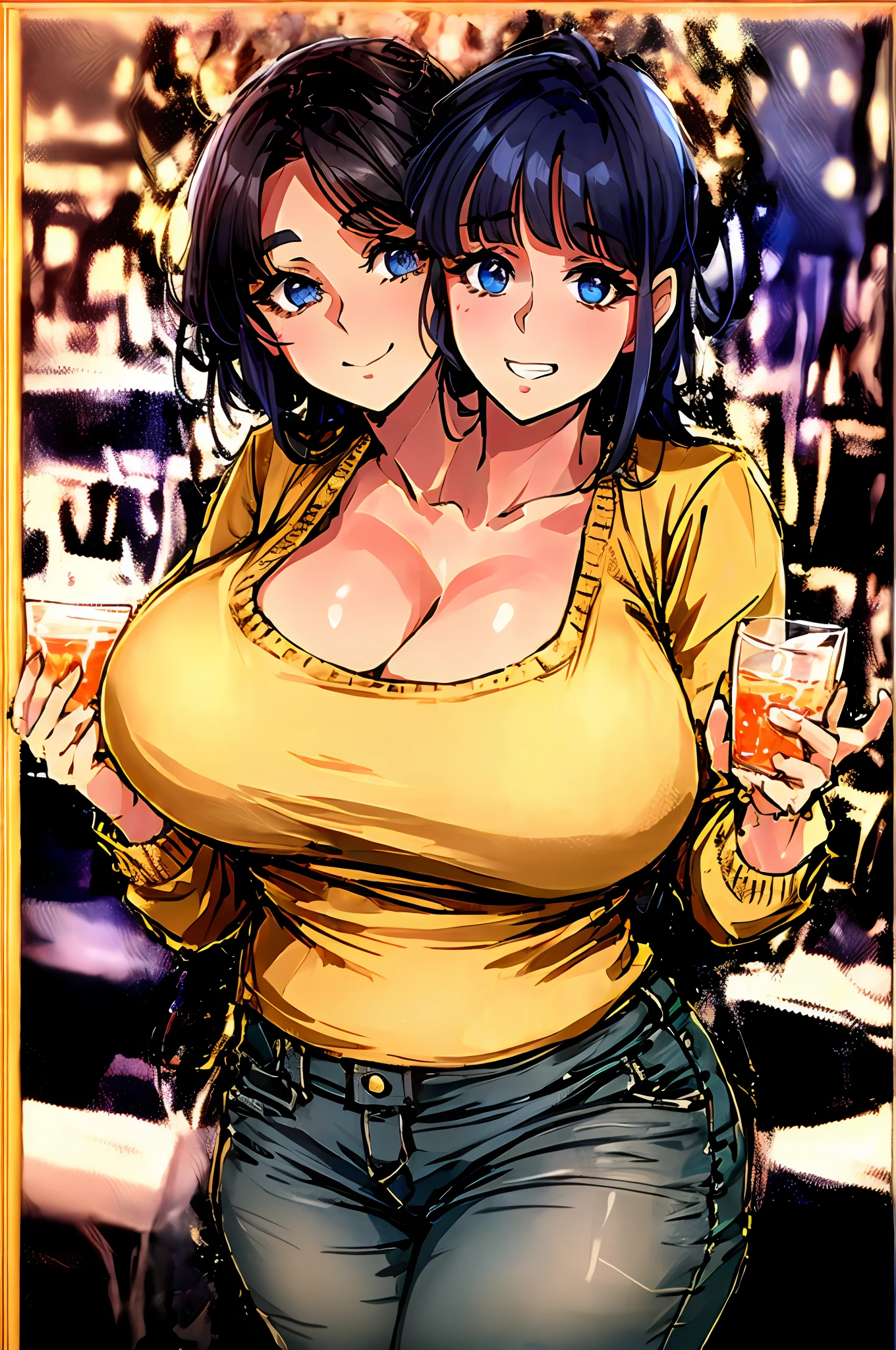 2heads, a beautiful chubby woman with 2 heads. She has huge breasts. She is in a bar. She is visibly drunk. She has giant breasts. She is sipping a drink. She is wearing a sweater and jeans. She has gigantic breasts.