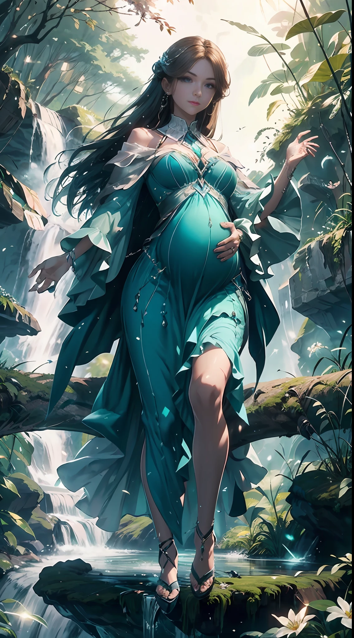 In the evening, a female character in fantasy style sits on an old tree, her facial features are extremely beautiful, long hair, elegant hair, blue and white pottery long skirt, layered skirt, dynamic pose, front view, perfect composition, stream, waterfall, starlight, fireflies, white flowers, splashing water, looking from the bottom up, Ning Rongrong, pregnant, pregnant, pregnant,