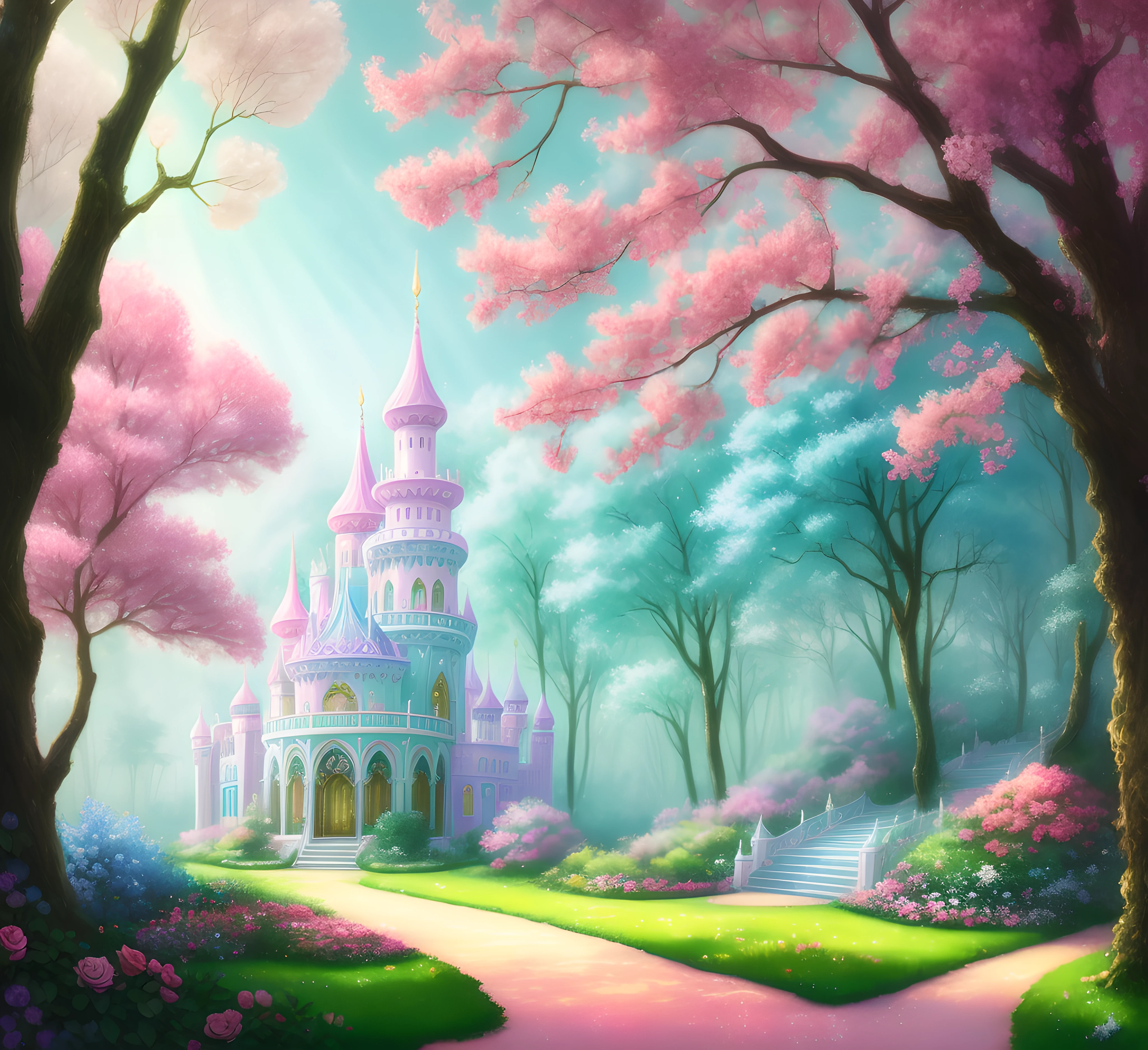 Pastel digital art-style palace, roses and rubys, magical elements, mobile game, forest and plants, ethereal, a touch of magical elements, glitter