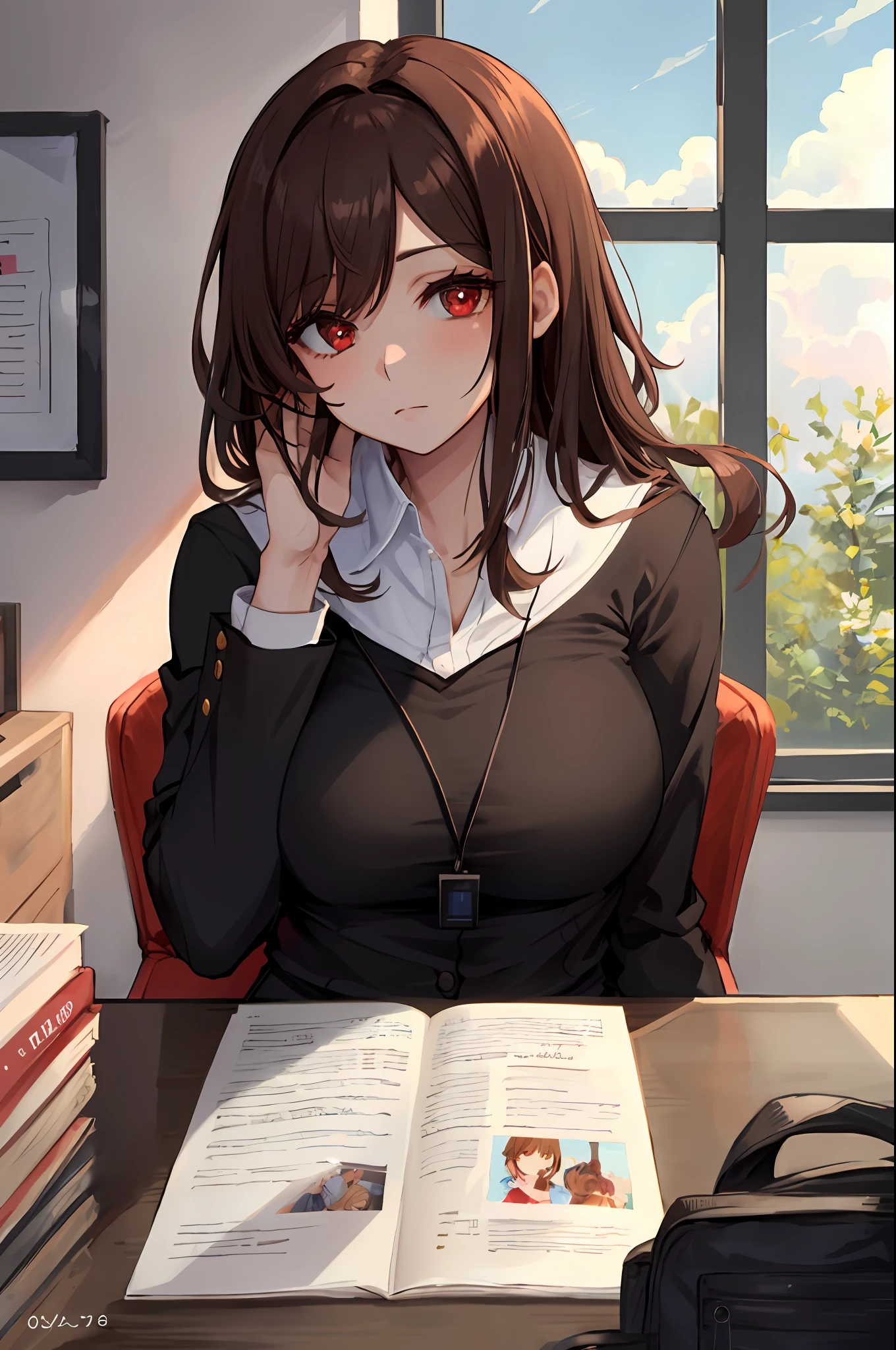 beautiful, (masterpiece:1.2), (best quality:1.2), perfect lighting, perfect eyes, perfect face, 1girl, solo, indoors, warm colors, office, office clothing, red eyes, brown hair, voluptuous, upper body