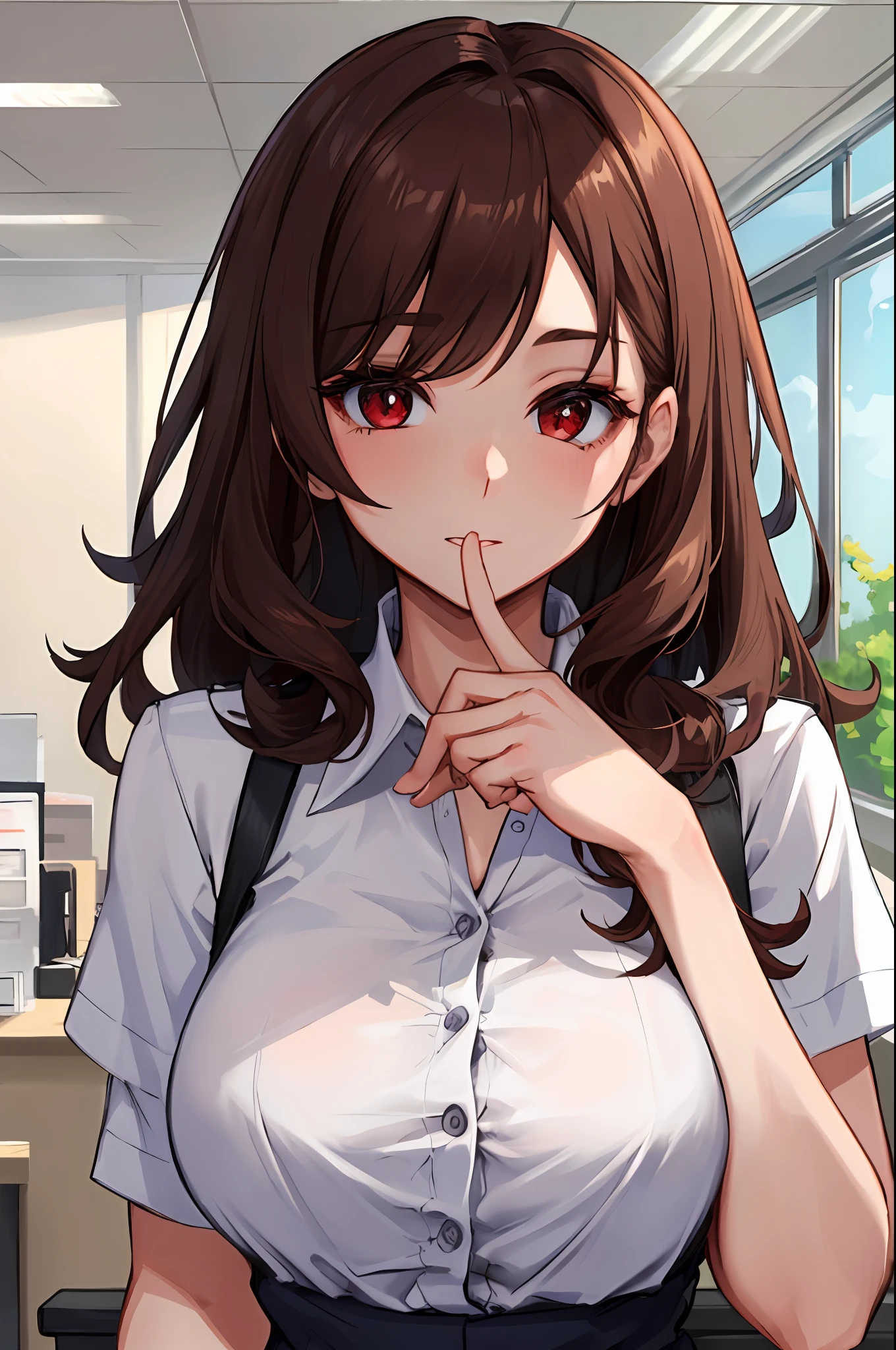 beautiful, (masterpiece:1.2), (best quality:1.2), perfect lighting, perfect eyes, perfect face, 1girl, solo, indoors, warm colors, office, office clothing, red eyes, brown hair, voluptuous, upper body