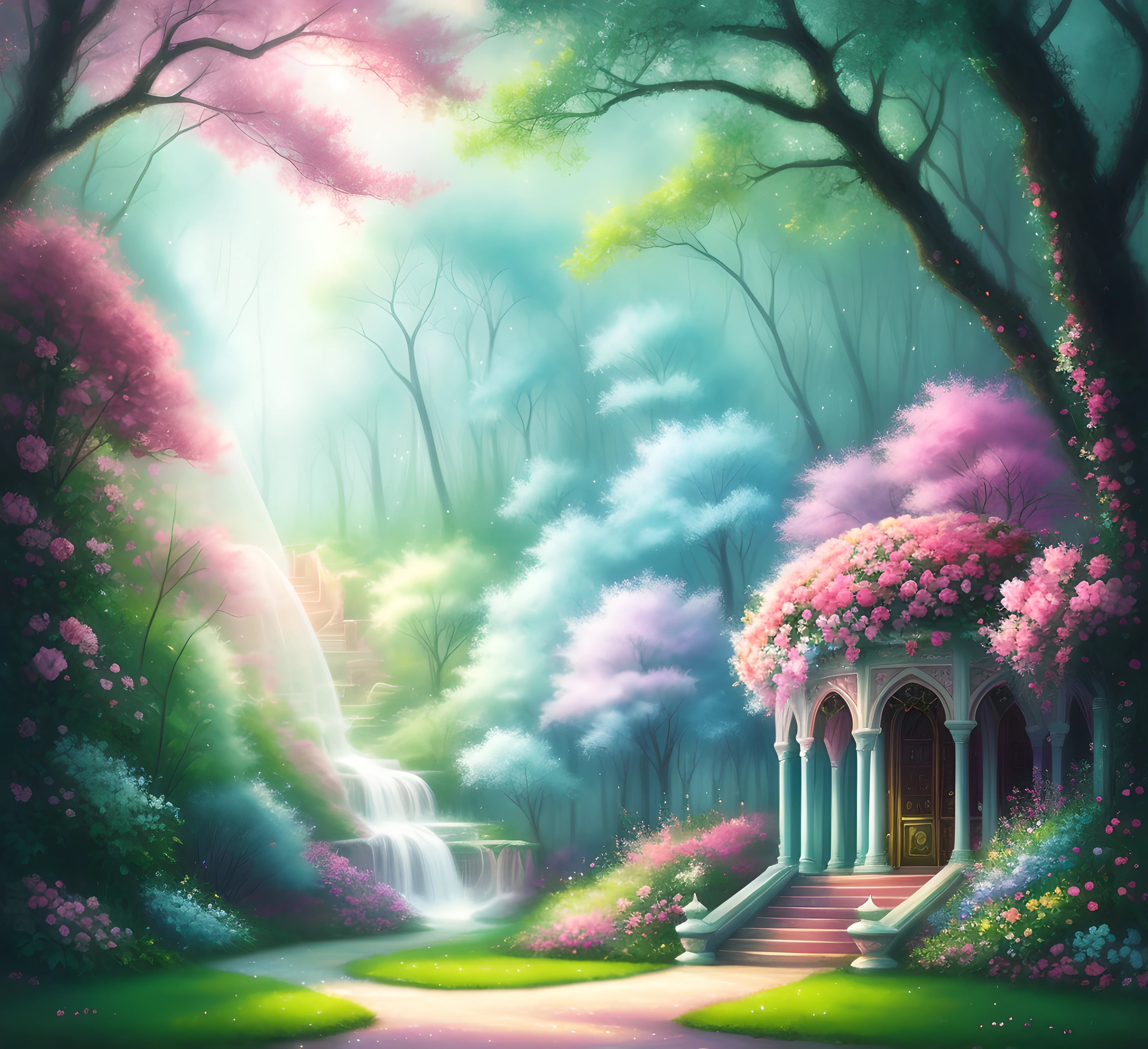 Pastel digital art-style palace, roses and rubys, magical elements, mobile game, forest and plants, ethereal, a touch of magical elements, glitter