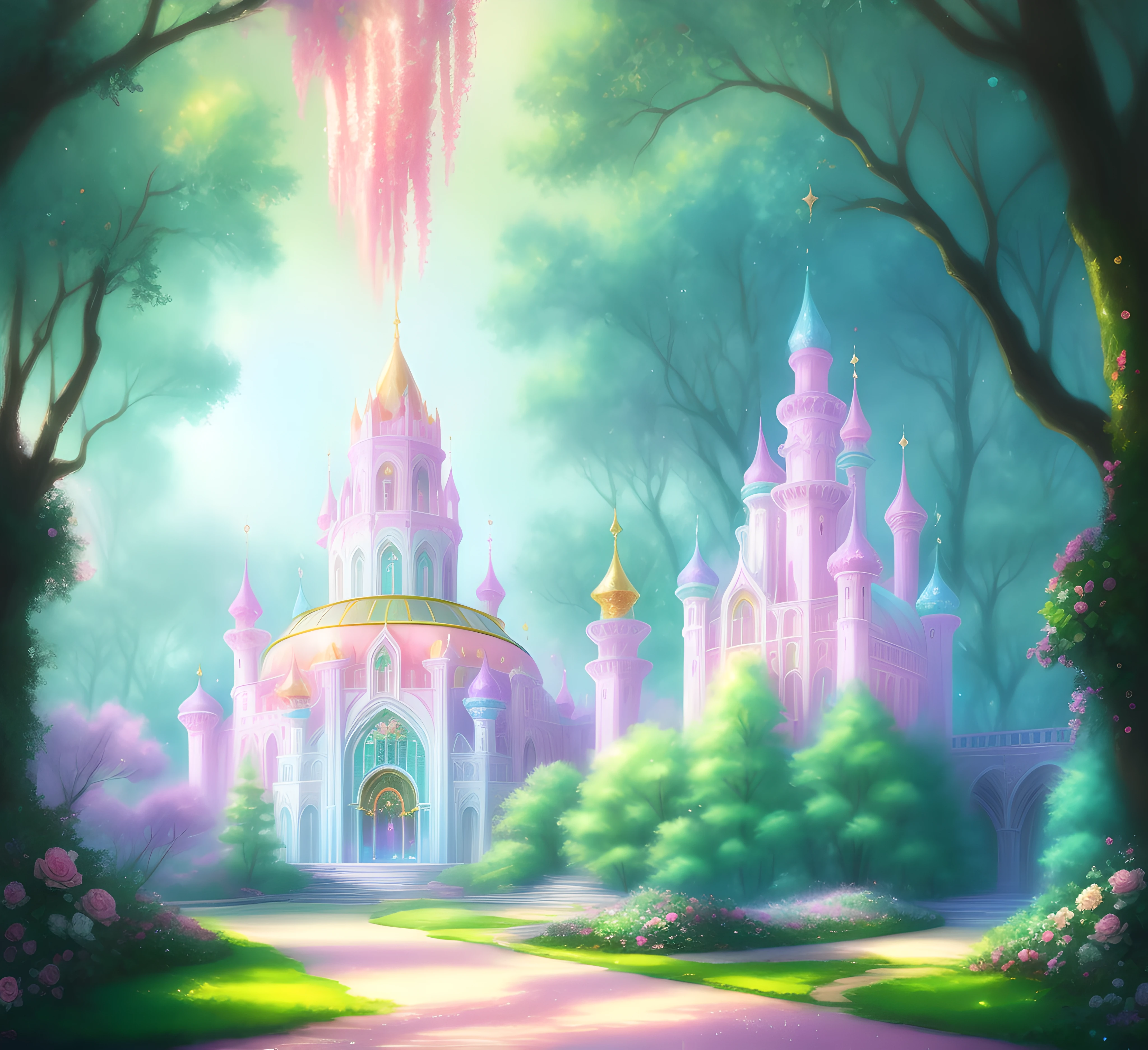 Pastel digital art-style palace, roses and rubys, magical elements, mobile game, forest and plants, ethereal, a touch of magical elements, glitter
