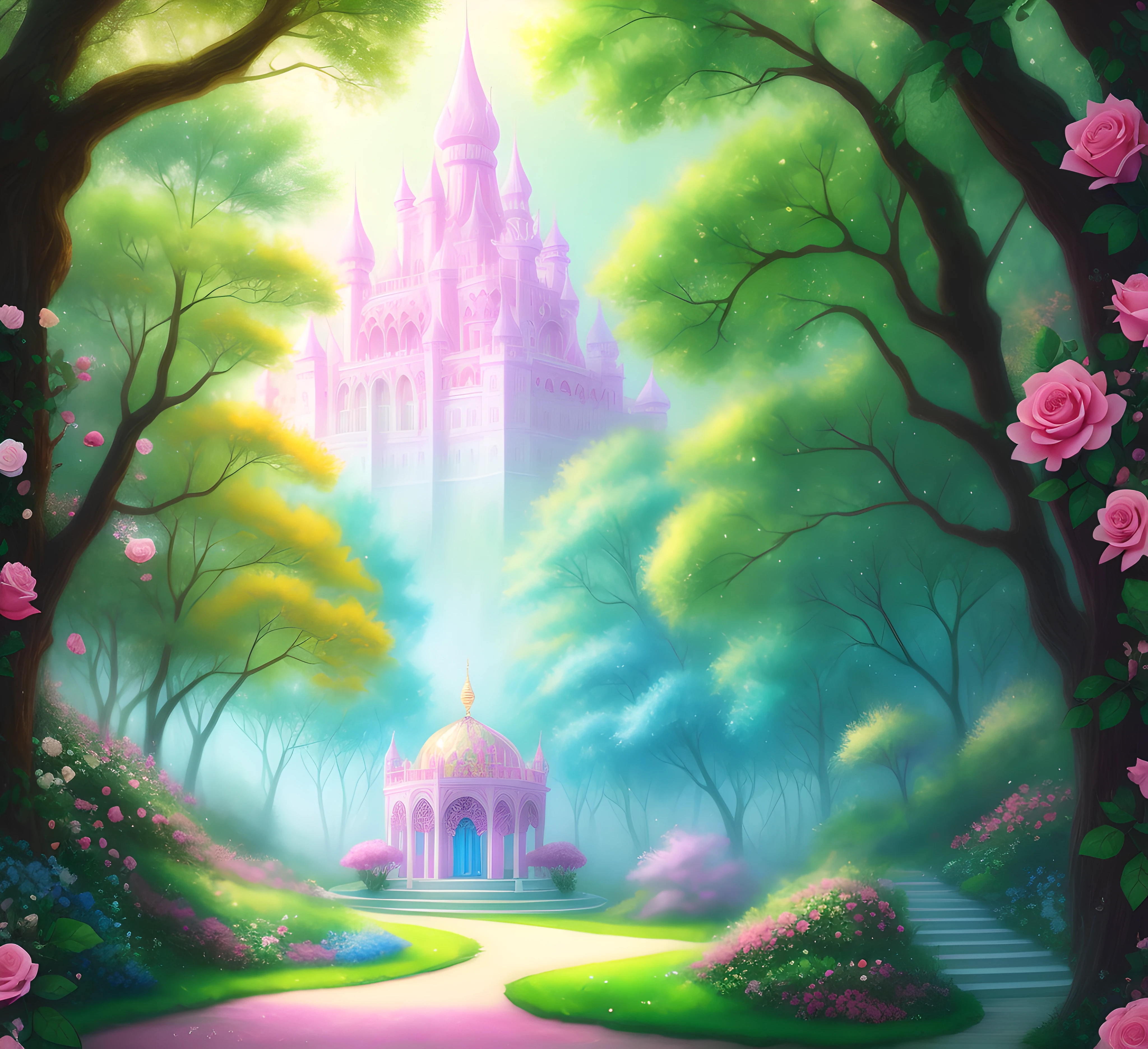 Pastel digital art-style palace, roses and rubys, magical elements, mobile game, forest and plants, ethereal, a touch of magical elements, glitter