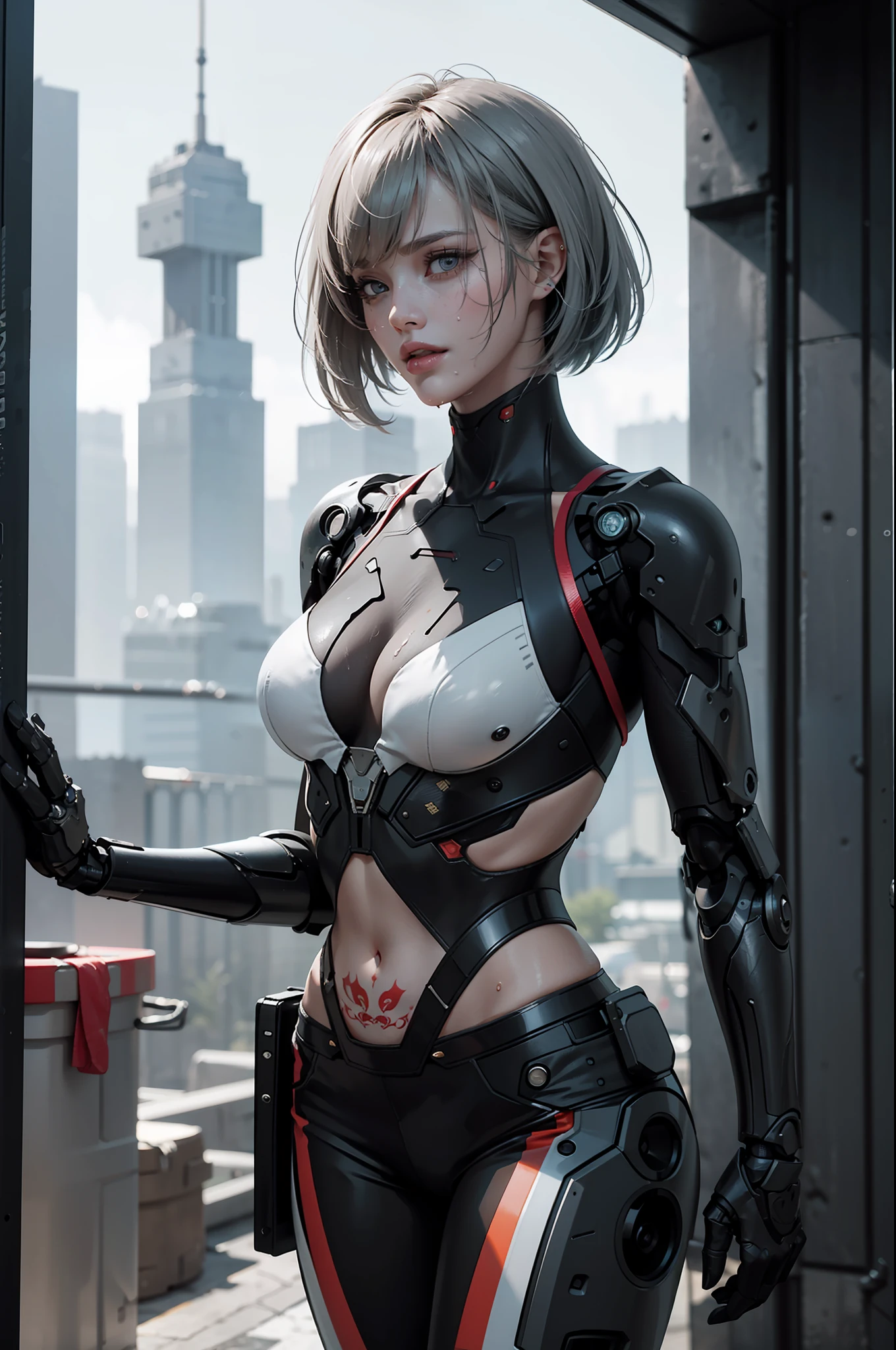 (Details: 1.4), (Details: 1.4), 3D, Cowboy Shots, Beautiful Cyberpunk Woman, HDR (High Dynamic Range), Ray Tracing, NVIDIA RTX, Super Resolution, Unreal 5, Subsurface Scattering, PBR Textures, Post-Processing, Anisotropic Filtering, Depth of Field, Maximum Sharpness and Clarity, Multi-layer textures, Albedo and highlight maps, Surface shading, Accurate simulation of light material interactions, Perfect proportions, Octane Render, Bicolor light, Large aperture, Low ISO, White balance, Rule of thirds, 8K RAW, Gray hair, Glossy hair, Delicate hair, Short hair, Bob hair, Side lock, Asymmetrical bangs, beautiful detailed glass hair, sweat-soaked skin, flowing sweat, wet and shiny skin, (((glossy skin)), ((strong gloss of clothes)), mechanical cybersuit, (action scenes), sexy poses, tattoos on bare skin, perfect anime robot woman, robots in organic mix, best 4K wallpapers, detailed digital art, bishōjo cyborg, Biomechanics, Digital Cyberpunk Art,