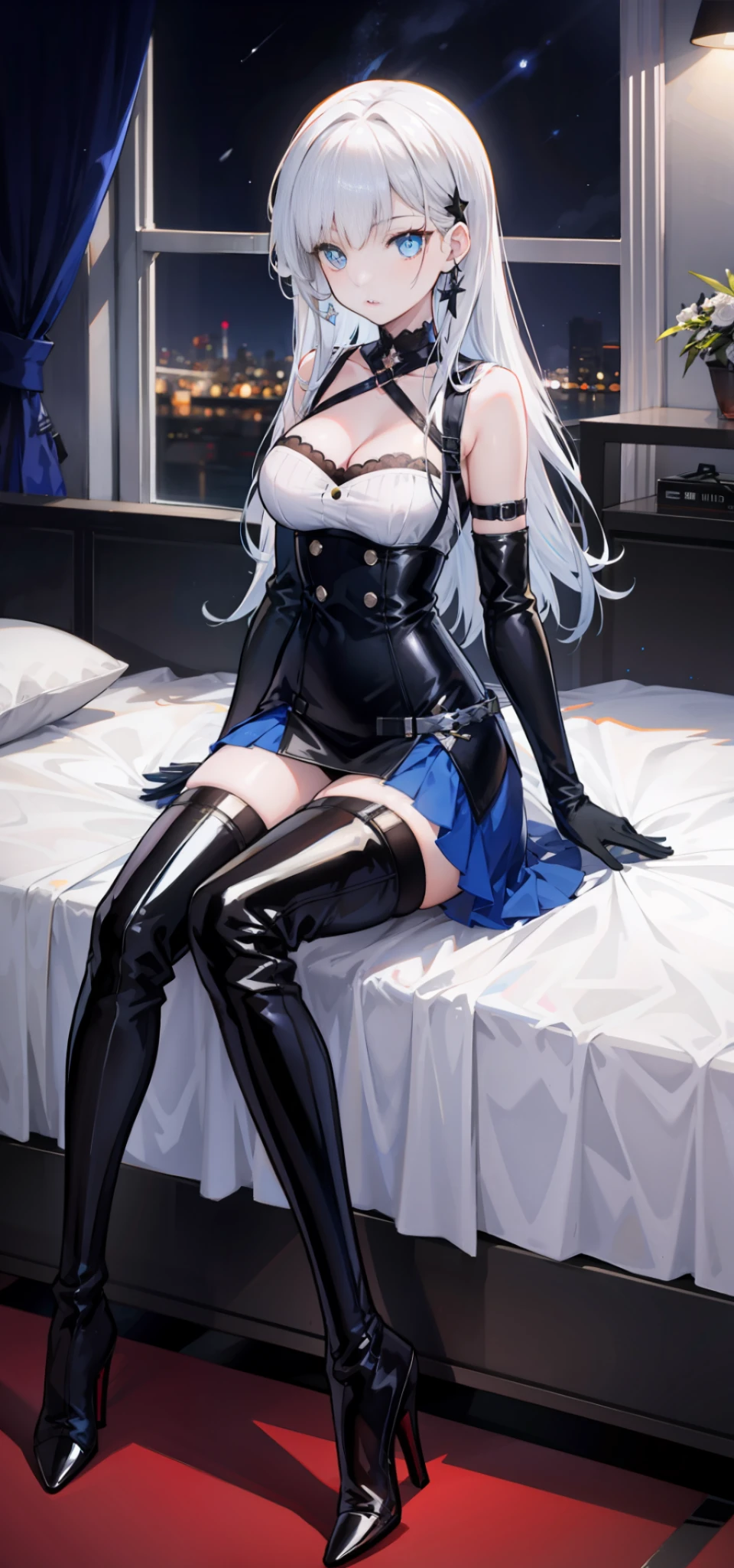 Anime shoujo,Blue and white clothes,White long hair,Blue pupil,Full body photo,long black gloves,black thigh boots,Black slender stiletto thigh boots,Black suspender thigh boots,Black elbow long gloves,black sash,Black leg ring,Blue pupil,cabelos preto e longos,Blue sole,black corset,black cleavage dress,sitting on a bed,City Night View,Blue and white clothes,anime - style image of a woman in latex sitting on a bed, from girls frontline, Fine details. Girl Front, azur lane style, 《azur lane》role, come from《azur lane》videogame, girls frontline style, Girls Frontline CG, from arknights, at pixiv, Girl Front, seductive anime girls, girls frontline universe, Marin Kitagawa fanart