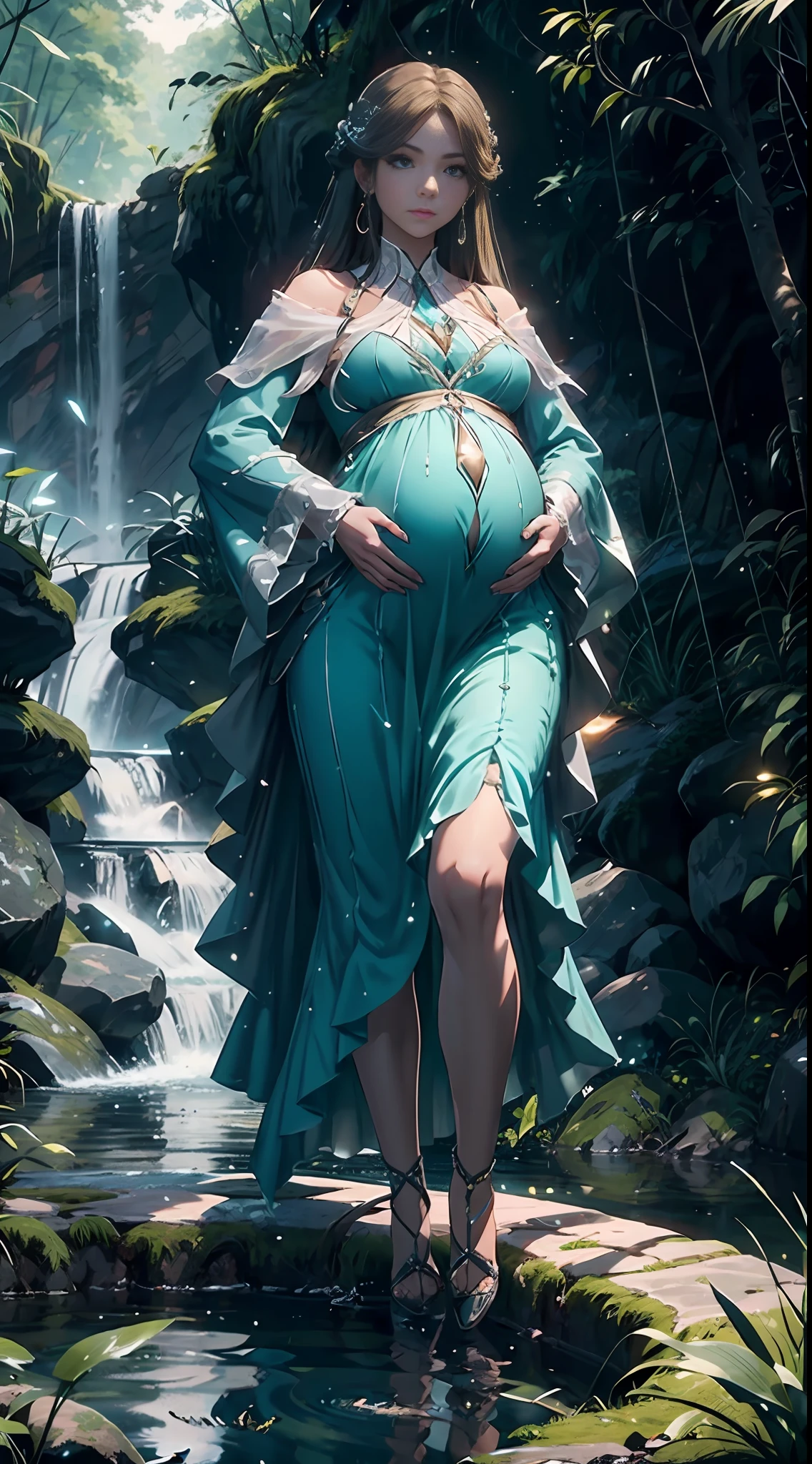 In the evening, a female character in fantasy style sits on an old tree, her facial features are extremely beautiful, long hair, elegant hair, blue and white pottery long skirt, layered skirt, dynamic pose, front view, perfect composition, stream, waterfall, starlight, fireflies, white flowers, splashing water, looking from the bottom up, Ning Rongrong, pregnant, pregnant, pregnant,