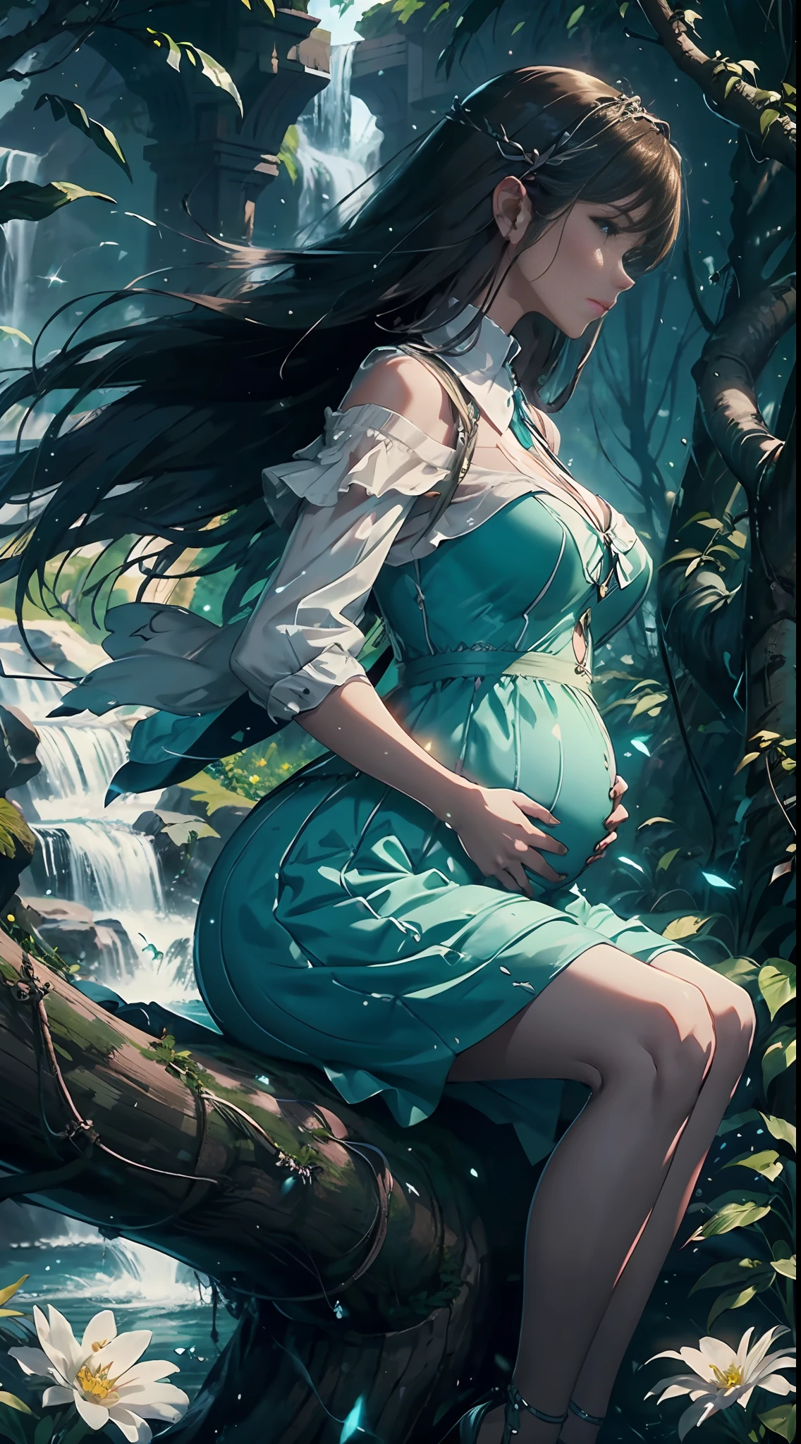 In the evening, a female character in fantasy style sits on an old tree, her facial features are extremely beautiful, long hair, elegant hair, blue and white pottery long skirt, layered skirt, dynamic pose, front view, perfect composition, stream, waterfall, starlight, fireflies, white flowers, splashing water, looking from the bottom up, Ning Rongrong, pregnant, pregnant, pregnant,