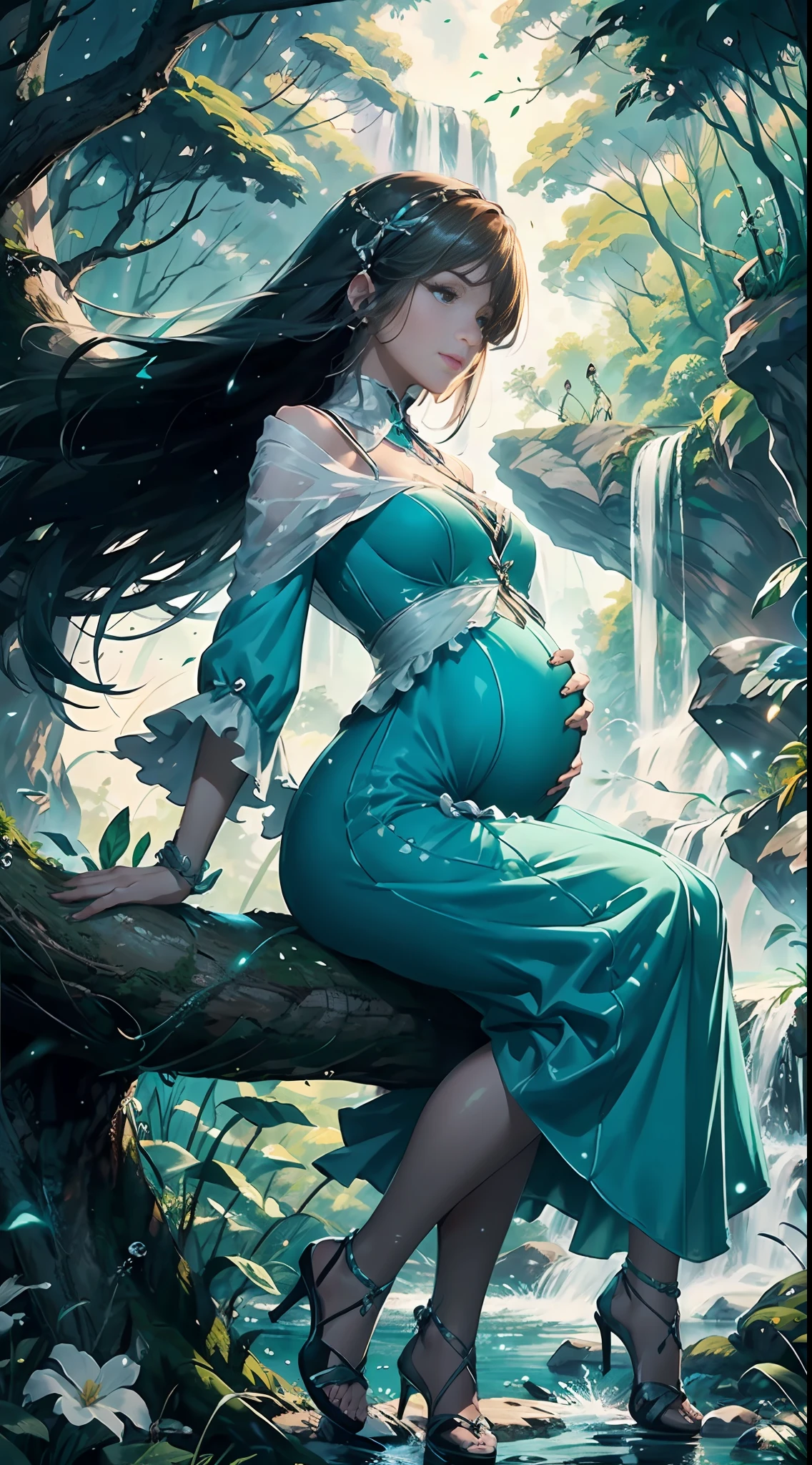 In the evening, a female character in fantasy style sits on an old tree, her facial features are extremely beautiful, long hair, elegant hair, blue and white pottery long skirt, layered skirt, dynamic pose, front view, perfect composition, stream, waterfall, starlight, fireflies, white flowers, splashing water, looking from the bottom up, Ning Rongrong, pregnant, pregnant, pregnant,
