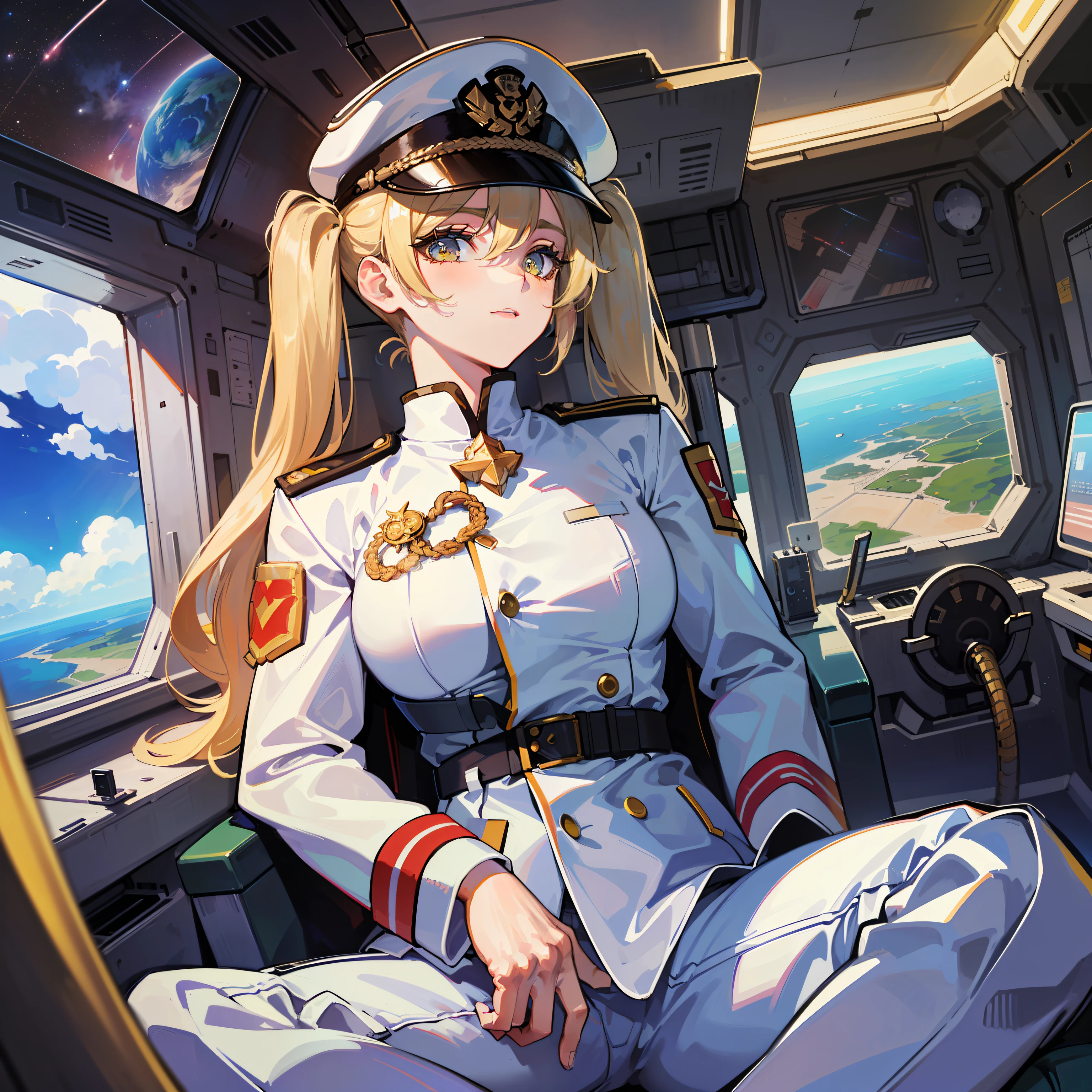 ((Masterpiece)), ((Highest Image Quality)), (((Best Quality)), (Illustration of One Girl), Full Body, 25 Years Old, (Neutral)), ((Blonde Twin Tails)), Light Golden Eyes, (Tall)), (Muscular Strong Body)), ((Muscular and Thick Body)), ((Muscular and Thick Arms)), ((Muscular and Thick Legs)), (Manspreading)), Open Legs, (((Army Uniform)), (Army Hat)), (((Army Coat)), (white clothes), (white pants), (white hat), trench coat, ((inside the spaceship, sitting in the captain's seat)), (outside the window, space, Earth seen from space, spaceport)