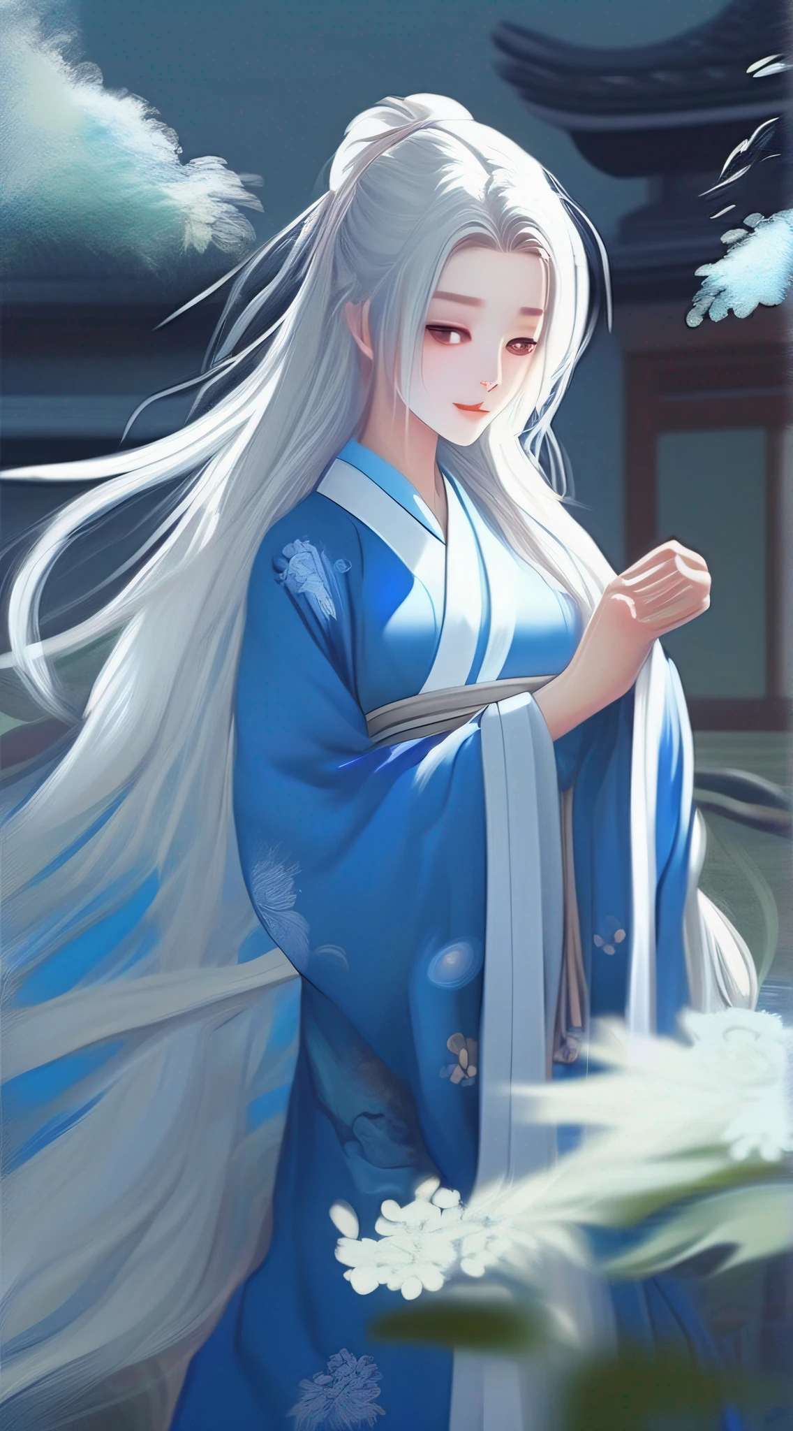 Girl in blue Chinese Hanfu dress,long haired,White hairpins,In the garden,style of anime, artworks, Poetic, hight quality