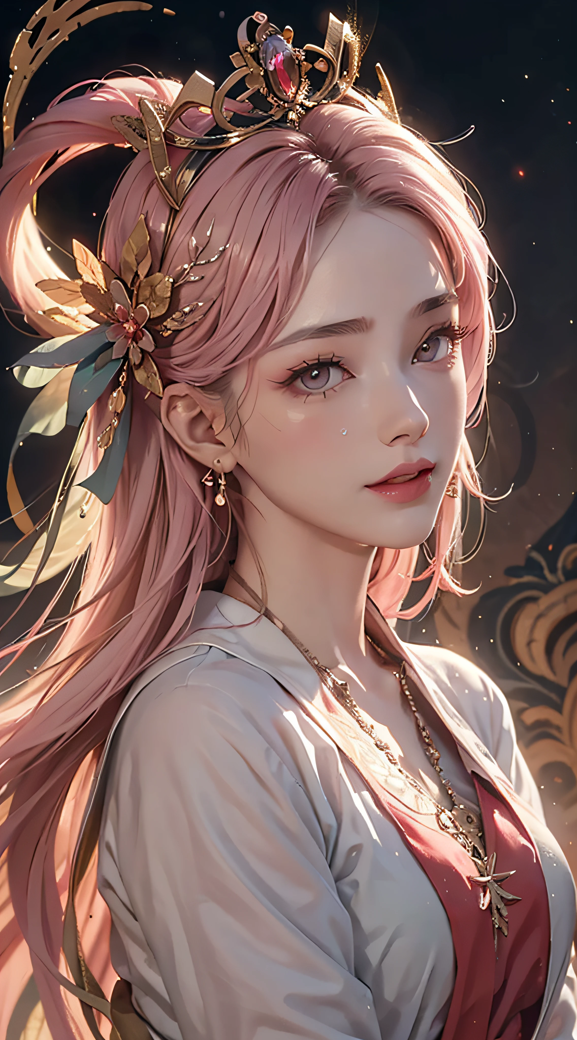 Realistic, (巨作, Top quality, Best quality, Art officiel, Beautiful and aesthetic:1.2), intensely detailed，s fractal art，rich colour，Most detailed，dynamic angle，（Fairy on the clouds）1 god girl，The Queen，Light pink hair，a Mandala，Bright eye，Hair combed back, happy tears, hime cut, seductive smile, wide-eyed, Glowing eyes, upturned eyes, long eyelash，hair flower, hair ornament，glaring，White translucent robe，Open cloth，fromabove