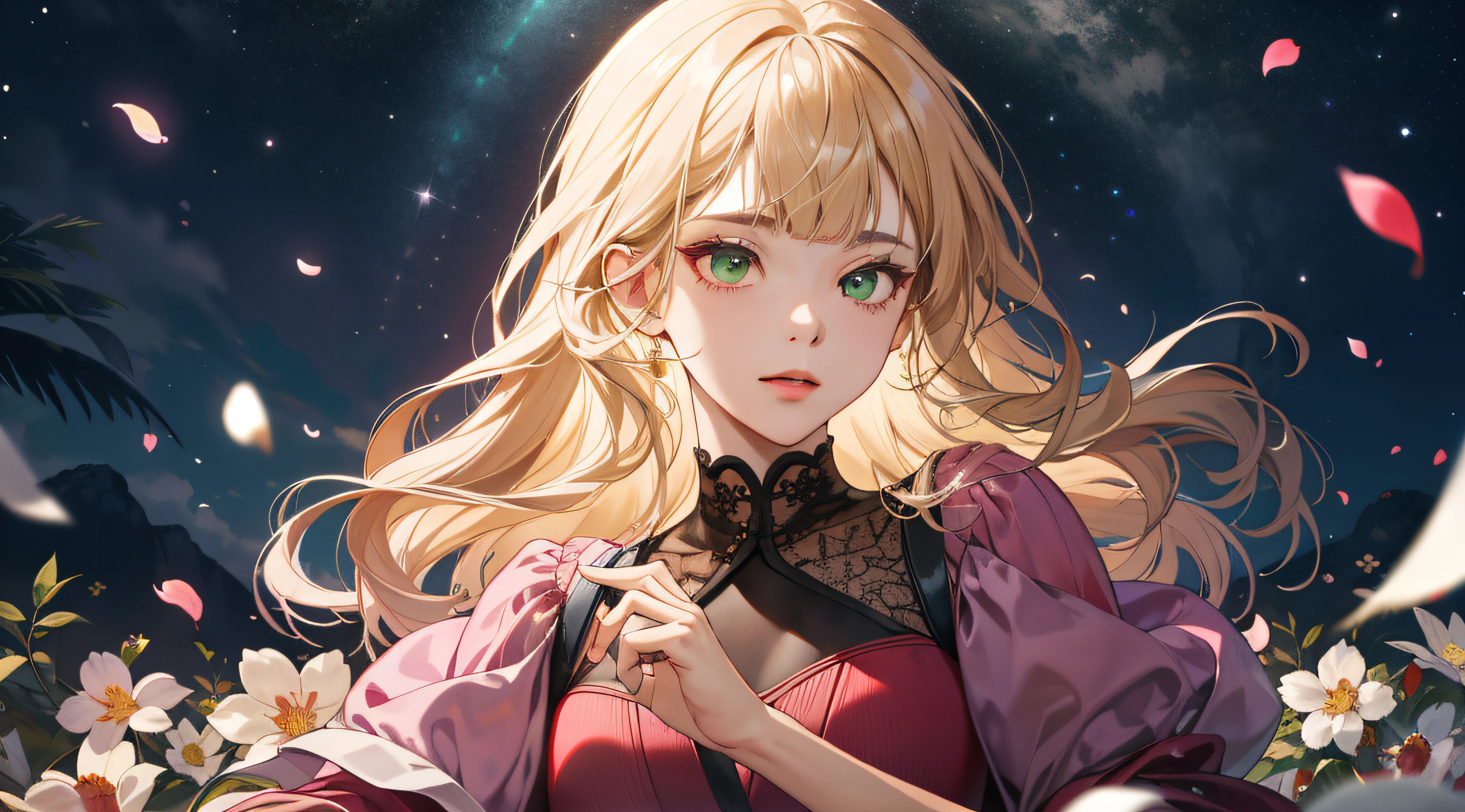 (absurdres, highres, ultra detailed), 1girl, mature female, wavy blonde hair, long hair, blunt bangs, green eyes, pink dress, finely detailed eyes and detailed face, extremely detailed CG unity 8k wallpaper, intricate details, BREAK , kaleidoscopic imagery, symmetrical patterns, vibrant colors, geometric shapes, mesmerizing designs, optical illusions, dynamic composition BREAK , pantomime art, expressive body language, silent storytelling, evocative gestures, visual narratives, theatrical performances BREAK , blooming flowers, colorful petals, fragrant scents, nature's bounty, vibrant gardens, peaceful scenery