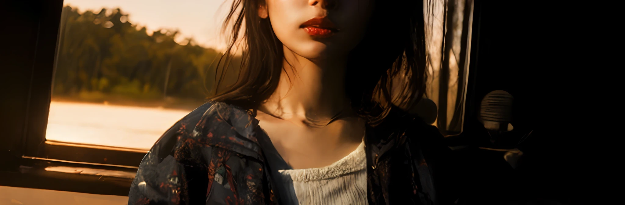 There is half body of intelligent Japan young woman illuminated by the light of the setting sun、Only half of her face is visible、Very high quality images、ayu、In the sophisticated atmosphere of Lofi、no make up、In a young Japan woman、She has a white Apple pencil in her hand、、Beautiful black hair、Top Quality, Realstic, photorealestic, Top Quality, 巨作, extremelydelicateandbeautiful, intensely detailed, Fine detail, Super Detail, highly resolution, intensely detailed, Realstic, ultra high def, Top Quality, ultra high def, High-quality textures