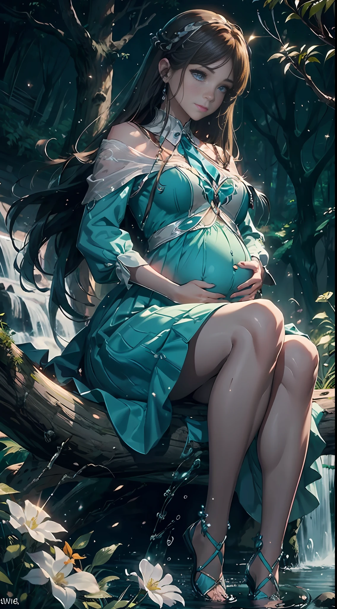 In the evening, a female character in fantasy style sits on an old tree, her facial features are extremely beautiful, long hair, elegant hair, blue and white pottery long skirt, layered skirt, dynamic pose, front view, perfect composition, stream, waterfall, starlight, fireflies, white flowers, splashing water, looking from the bottom up, Ning Rongrong, pregnant, pregnant, pregnant,
