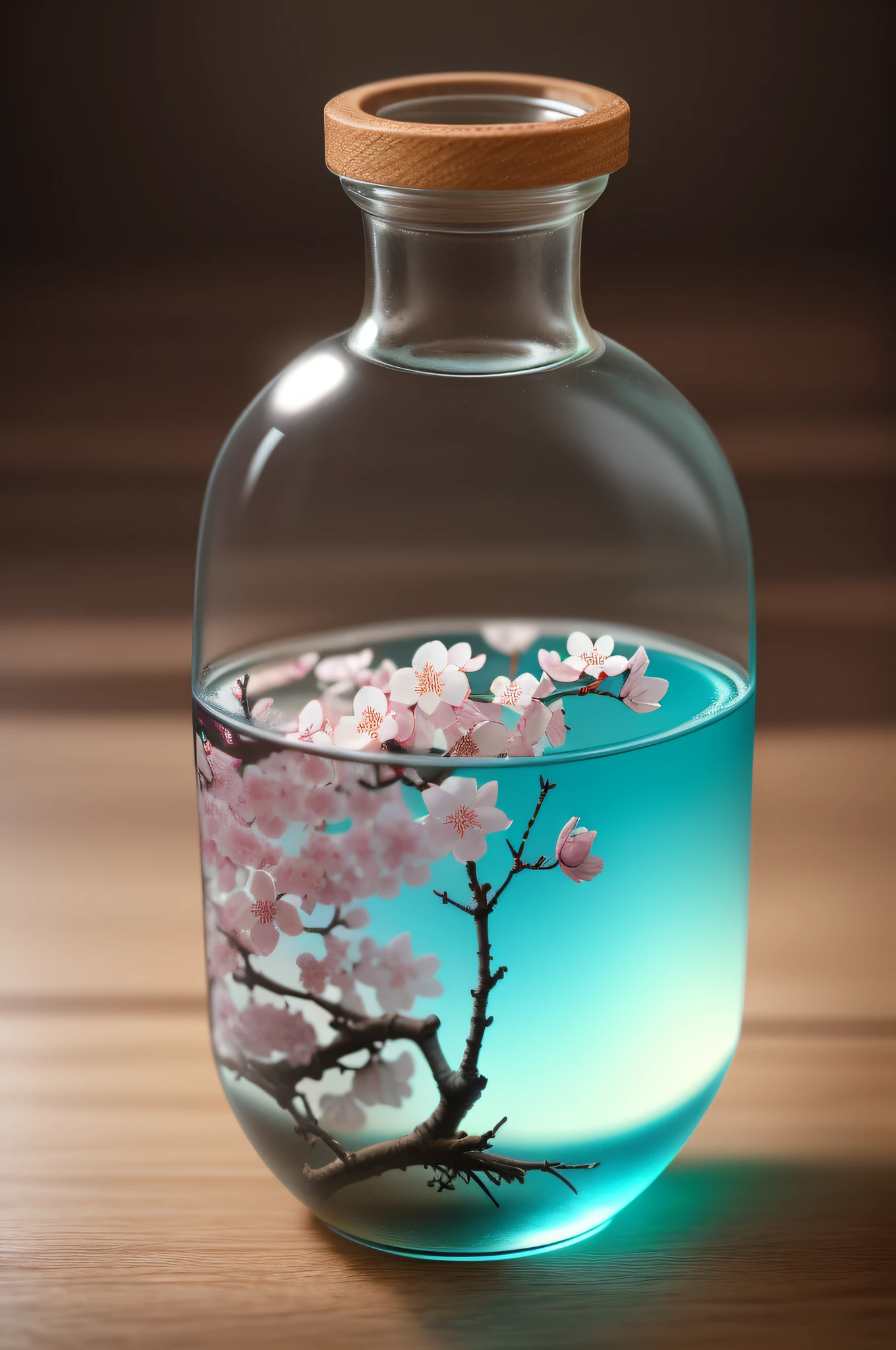 Cherry blossom tree in a bottle,Grows out of the bottle,sticking out,fluffly,make realistic,Atmospheric light refraction,Photo by Lee Jeffries,Nikon D850 Film Stock Photo 4 Kodak Portra 400 Camera F1.6 shots,rich colours,hyper-realistic lifelike texture,Dramatically lit,unreal engine trending on artstation cinestill 800,Style-Glass
