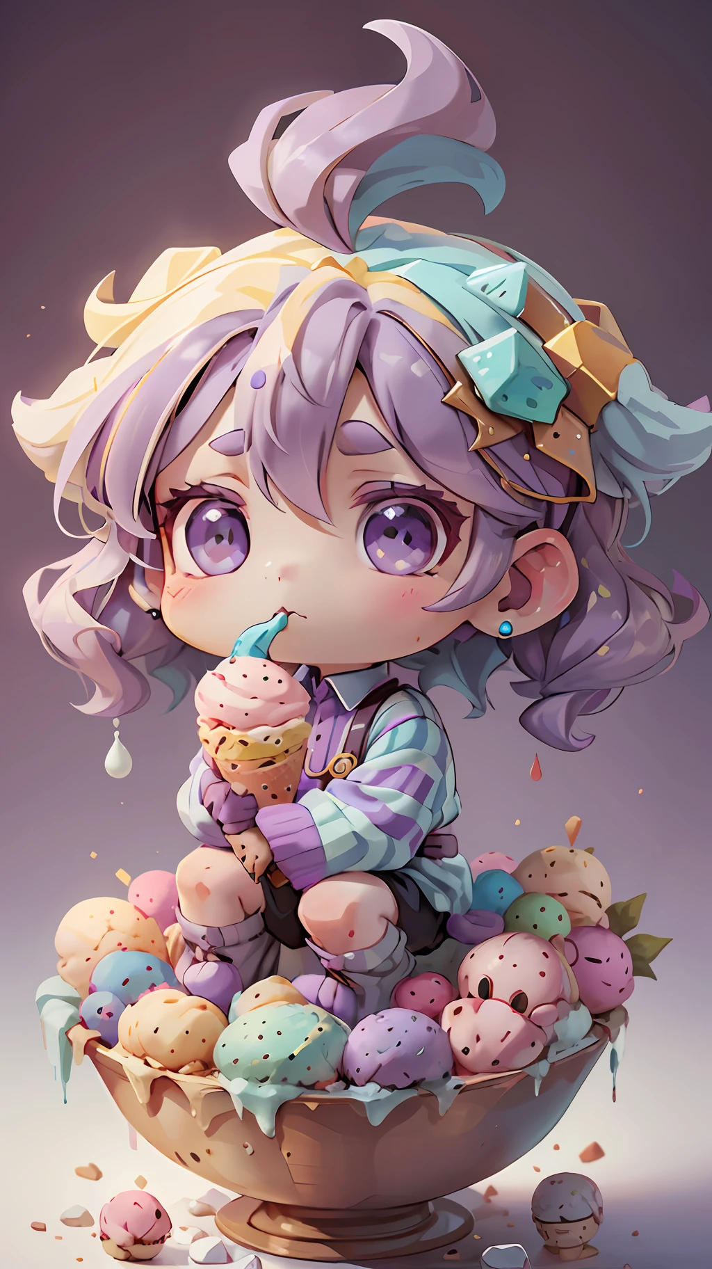 plastican00d， 1boys， Chibi T-Shi，Purple hair， Luxury fabrics，Republican style， dither， Ice cream texture，Profound， looking at the spectator， Striped background